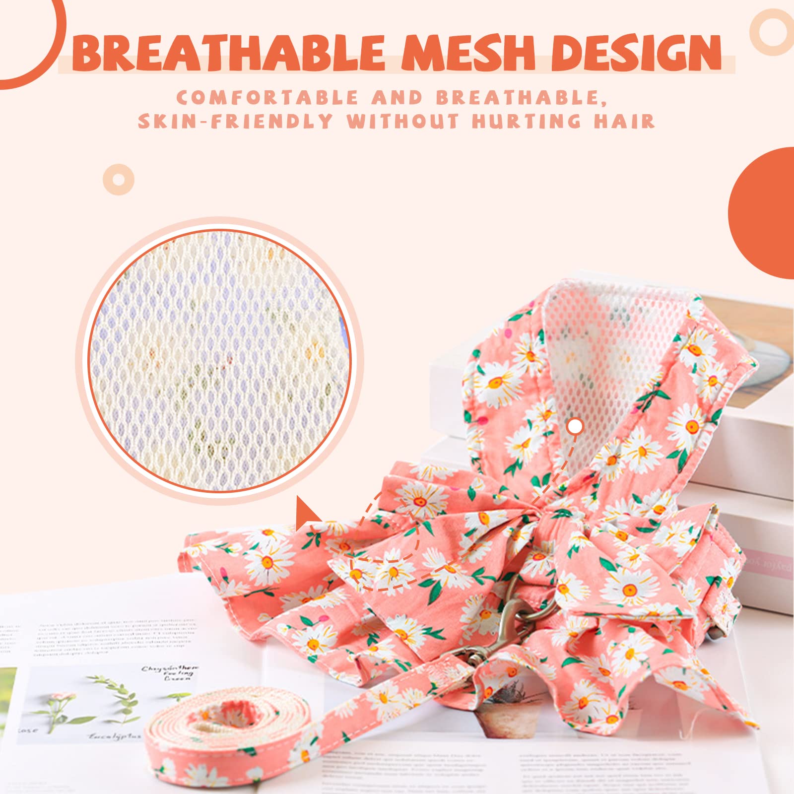 Baejmjk Dog Dress Bowknot Harness Leash Set For Small Dogs Cats Daisy Floral Girl Dog Dresses Cute Puppy Princess Clothes Pet Do