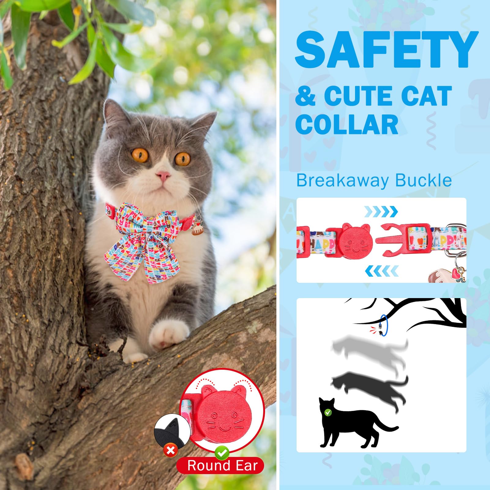Scenereal Birthday Cat Collar With Bell & Stylish Bowtie, Breakaway Cat Collars Accessories For Boy Girl Small Cats, Holiday Kit