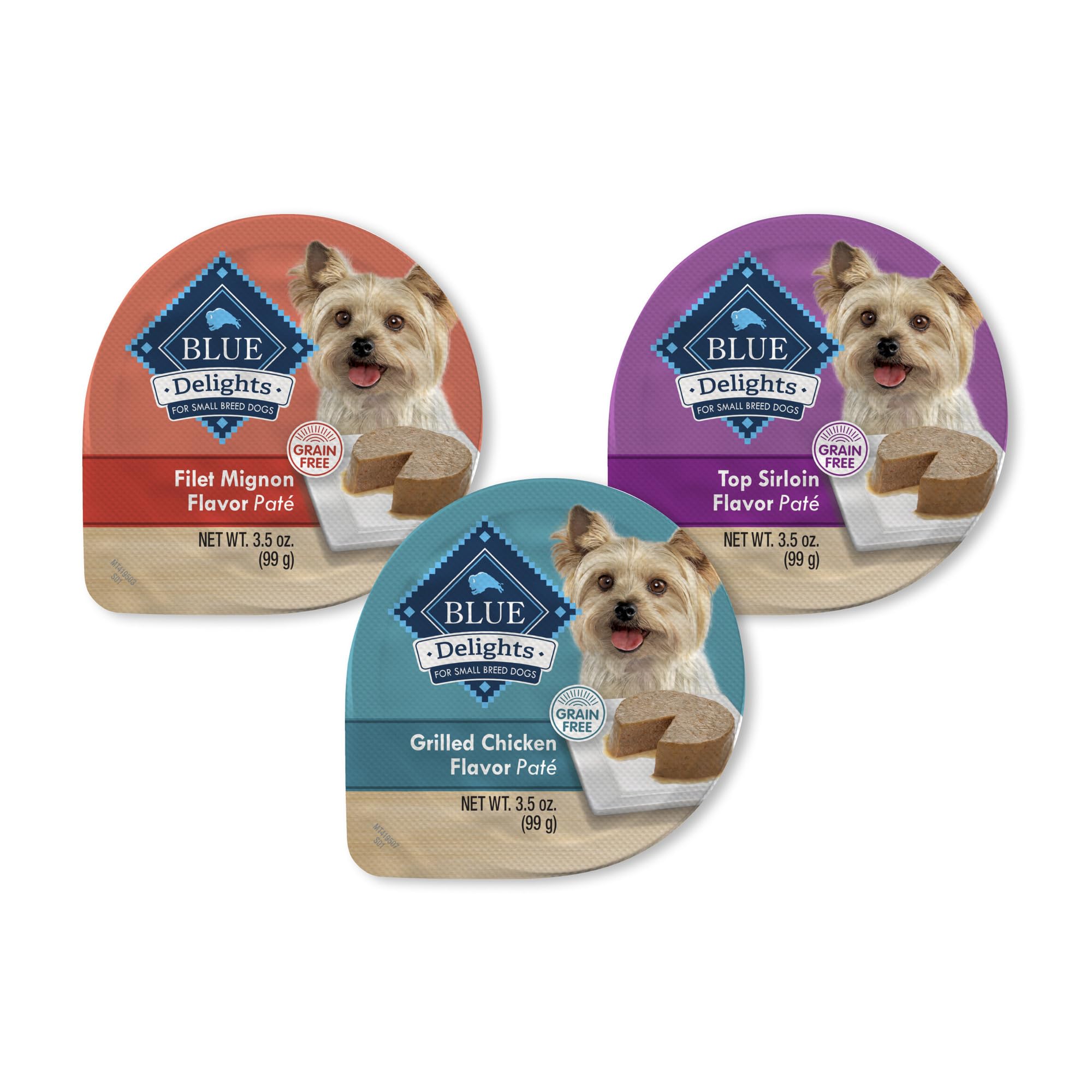 Blue Buffalo Delights Natural Adult Small Breed Wet Dog Food Cups, Pate Style, Chicken, Top Sirloin, and Filet Mignon 3.5-oz (24