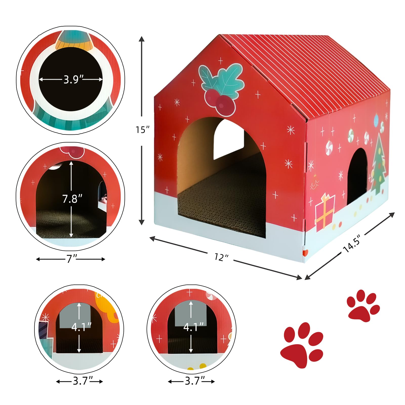 Christmas Cardboard Cat House With Scratching Pad (15''X12''X15'') Cat Play House For Indoor Cats, Christmas Decorations Scratch