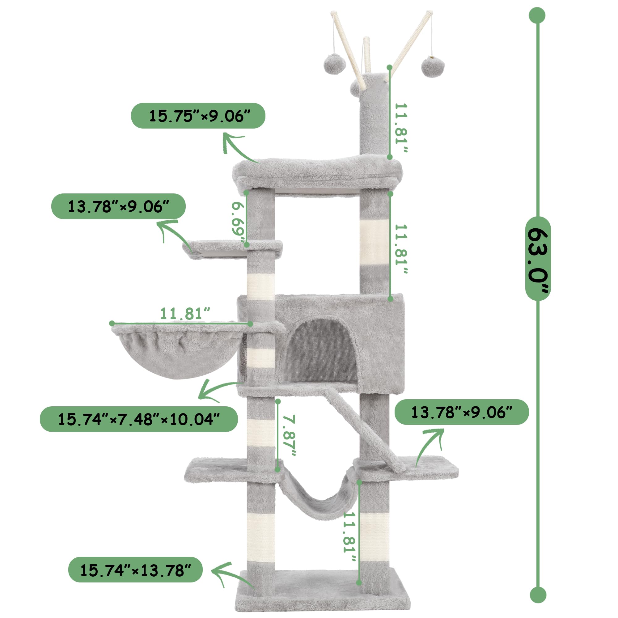Gitelsnour Cat Tree, 63 Inch Multi-Level Cat Tower For Indoor Cats, Cat Condo With Cat Scratching Post And Board, Cat Hammock, L
