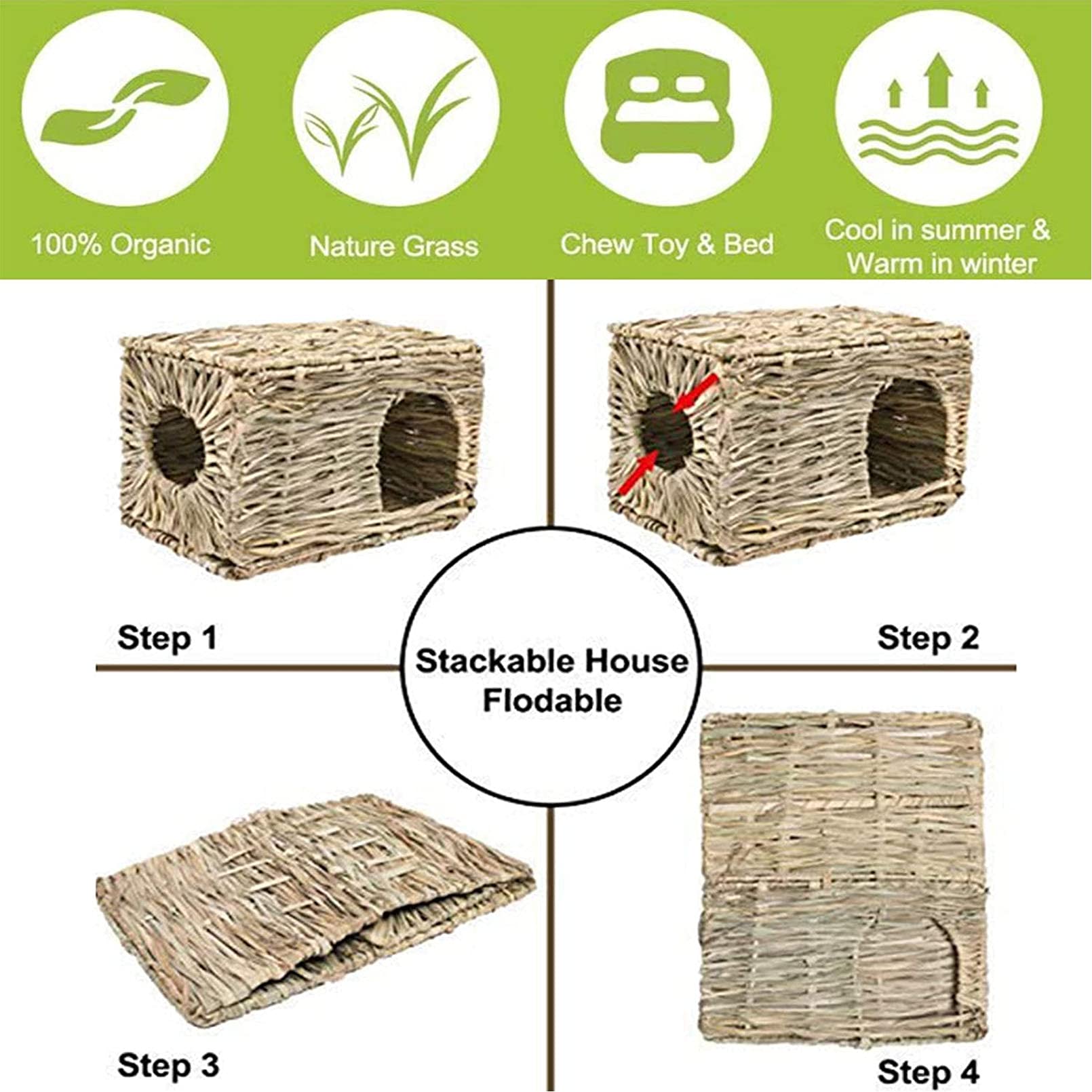 Tfwadmx 2 Pack Rabbit Grass House - Natural Hand Woven Seagrass Play Hay Bed, Collapsible Hideaway Hut Toy For Bunny Hamster Guinea Pig Chinchilla Ferret