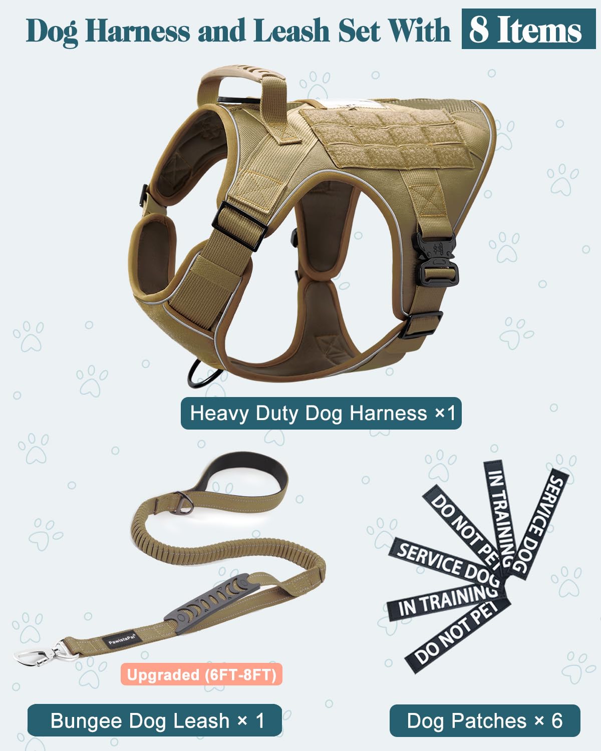 Reflective Service Dog In Training Vest Harness Leash Set For Medium Large Dogs, Adjustable Heavy Duty Brown Padded Dog Harness,