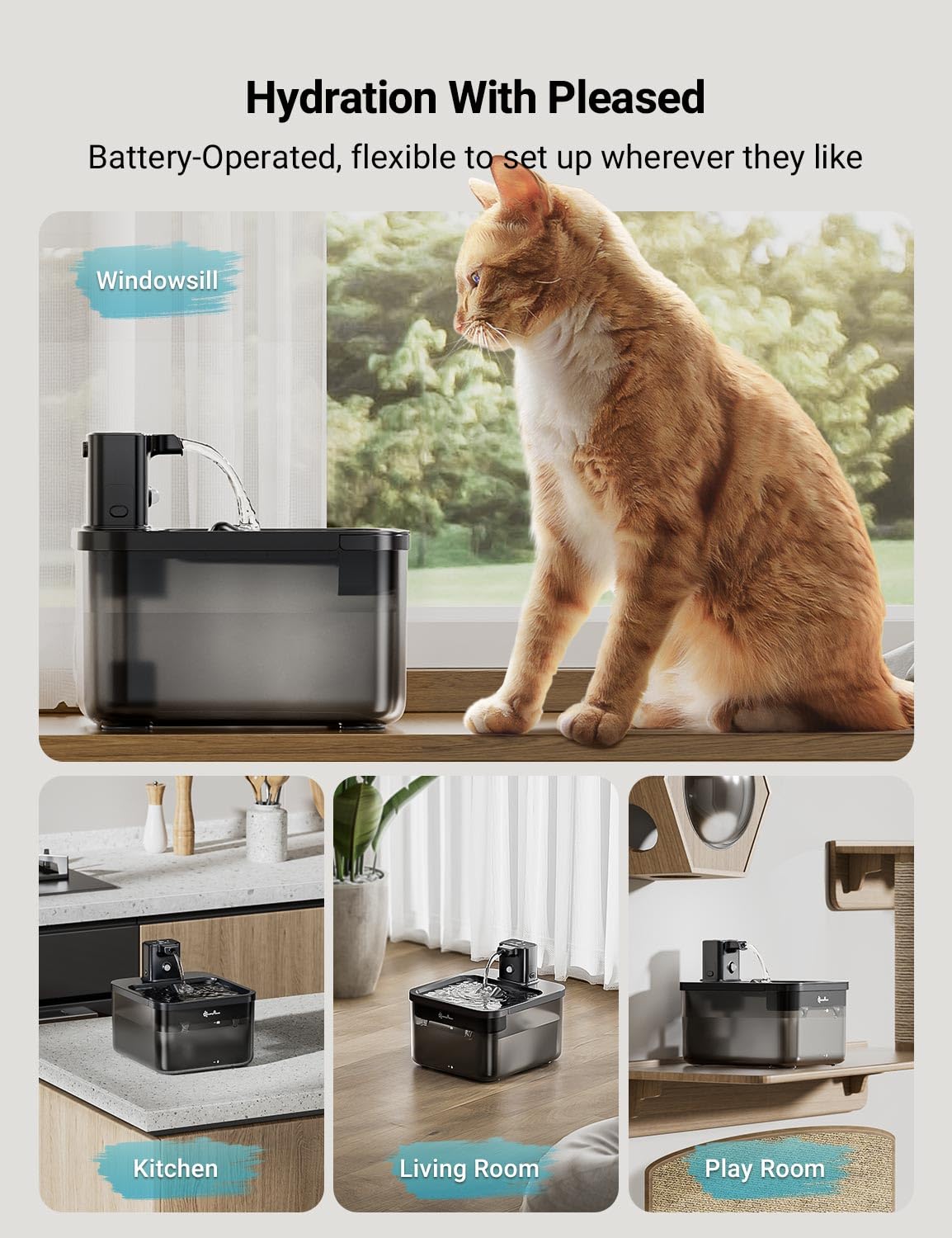 Downypaws Battery Operated Cat Water Fountain, 84Oz/2.5L Fursink Wireless Cat Waterer Fountain With Motion Sensor, Bpa-Free, Bla