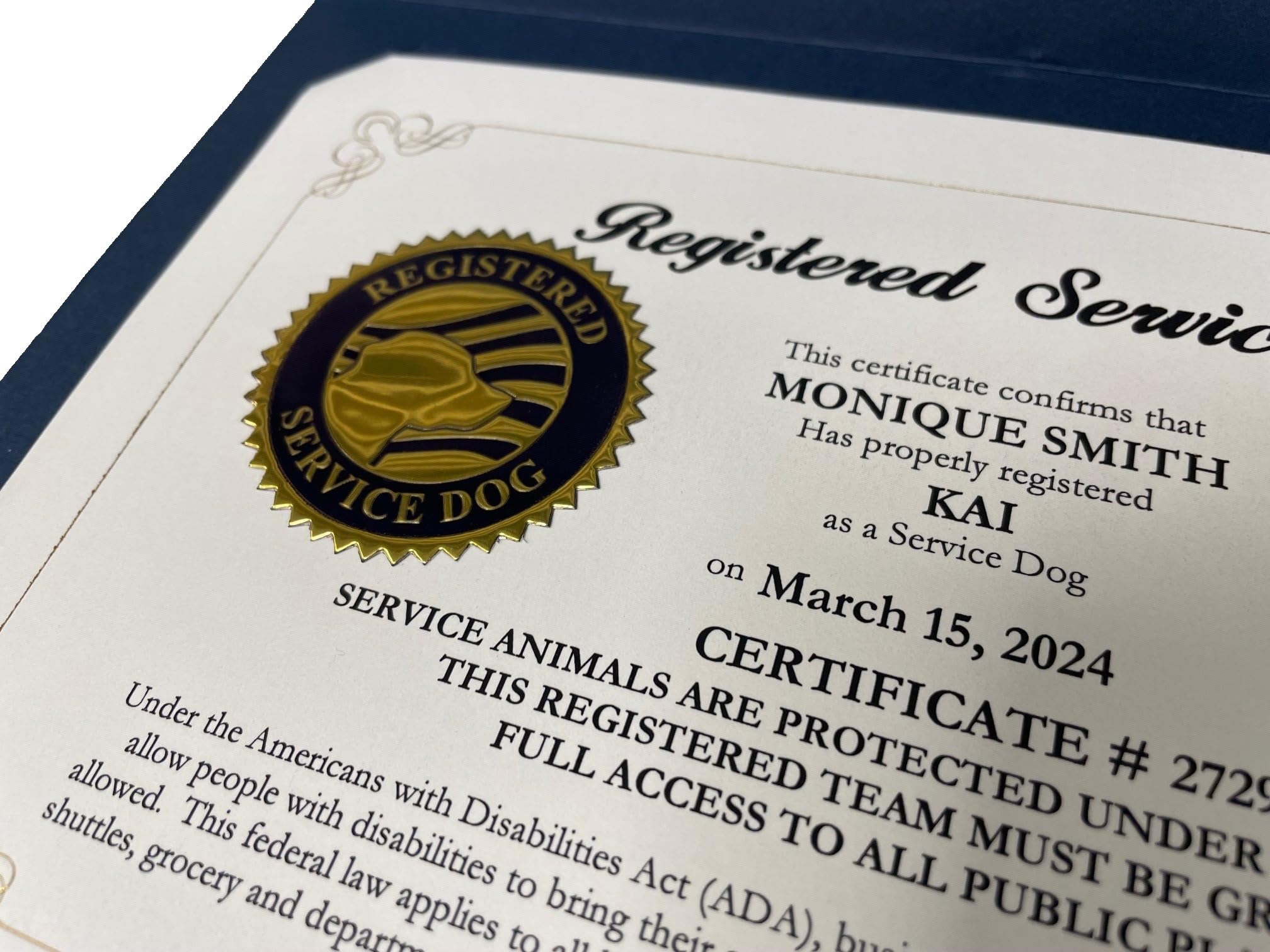 Official Registered Service Dog Certificate – Customized Certificate – Duplicate Copy - Registered Animal Documents Certificate Folder – Five Service Dog Law Handout Cards