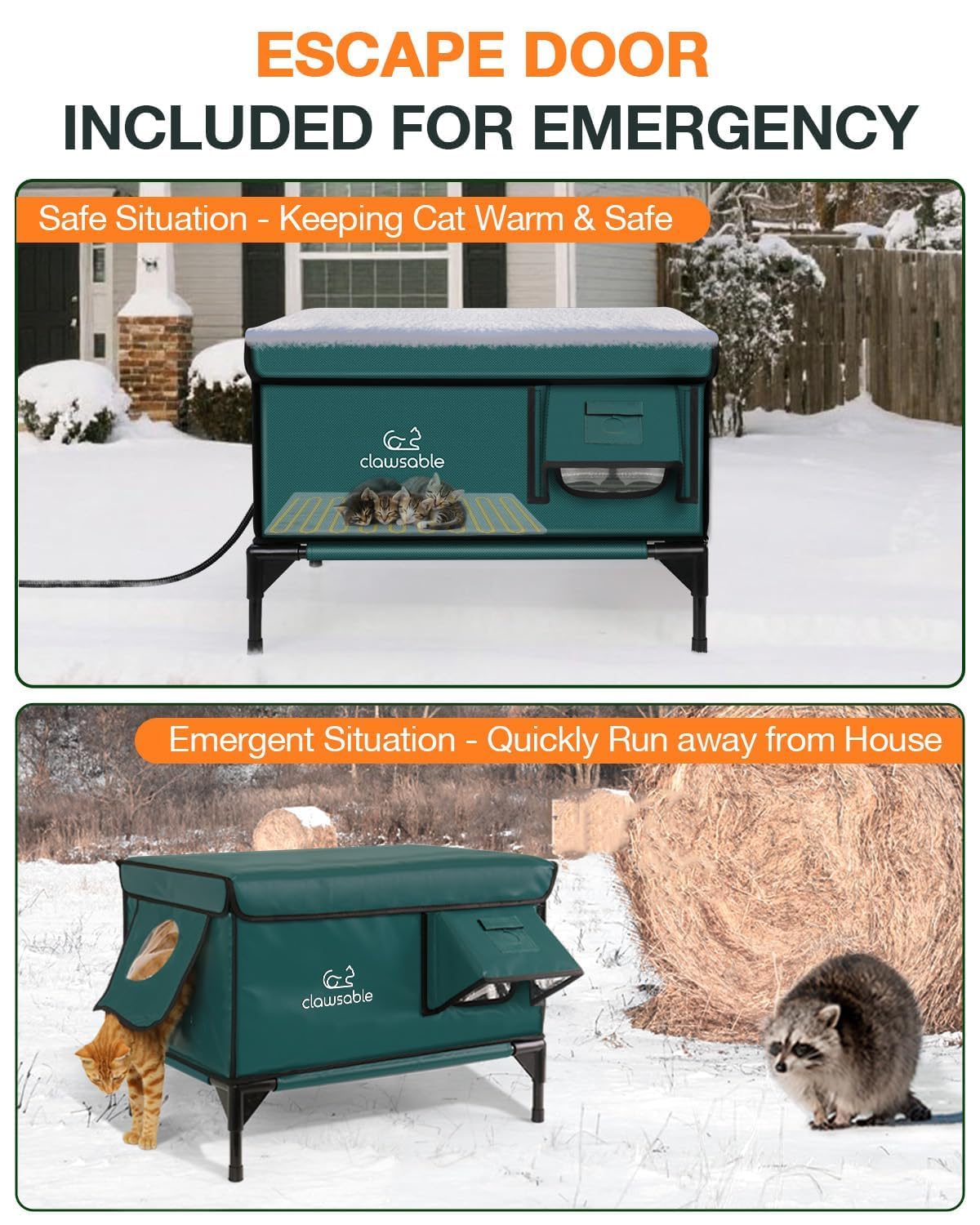 Indestructible Heated Cat House for Outside Winter, 100% Waterproof, Safe Escape Door, Insulated Outdoor Cat Shelter with Heater