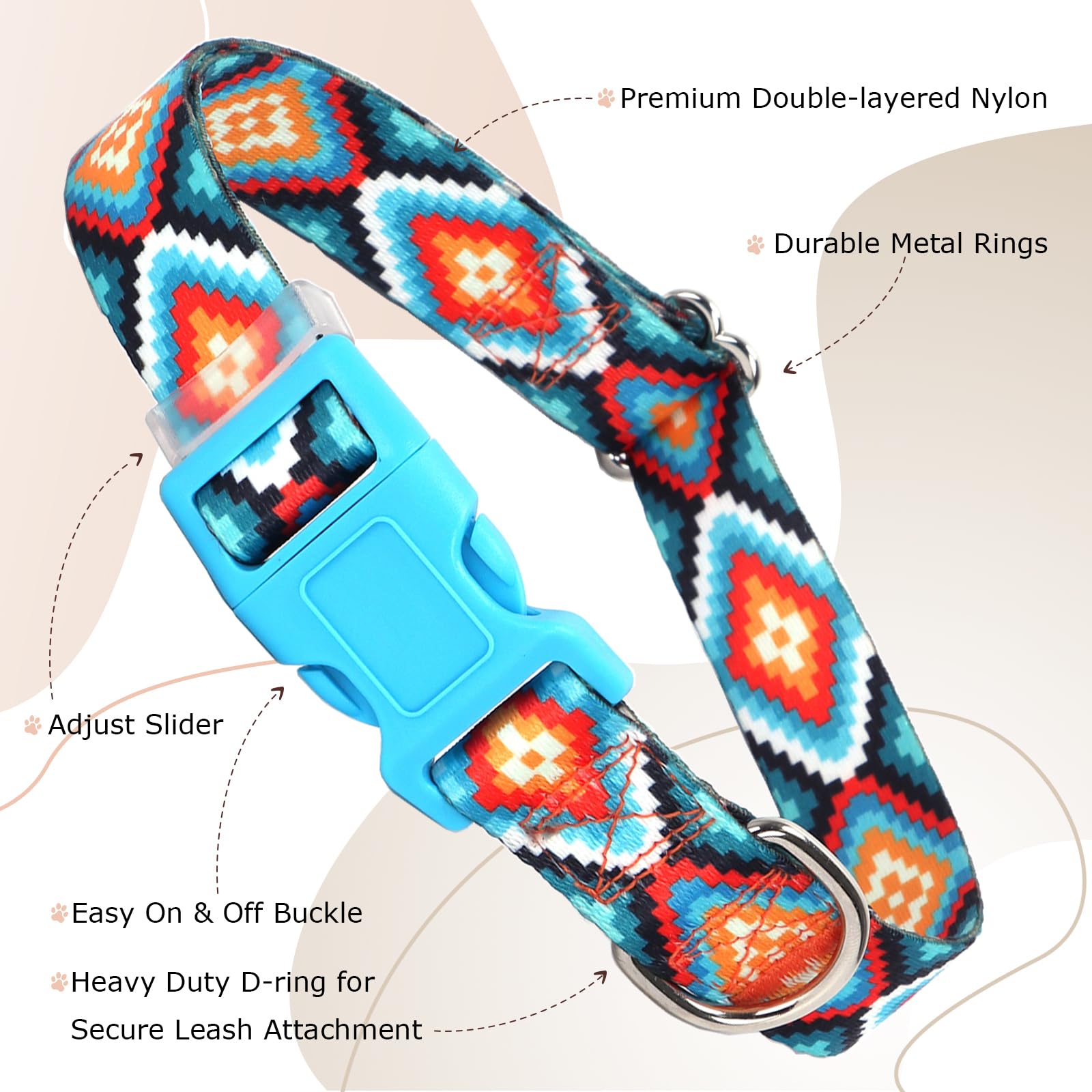 Dog Collar For Small Dogs With Blue African Tribal Mexican Native Boho Pattern, Adjustable Pet Collars For Girl Boy Puppy Dogs X