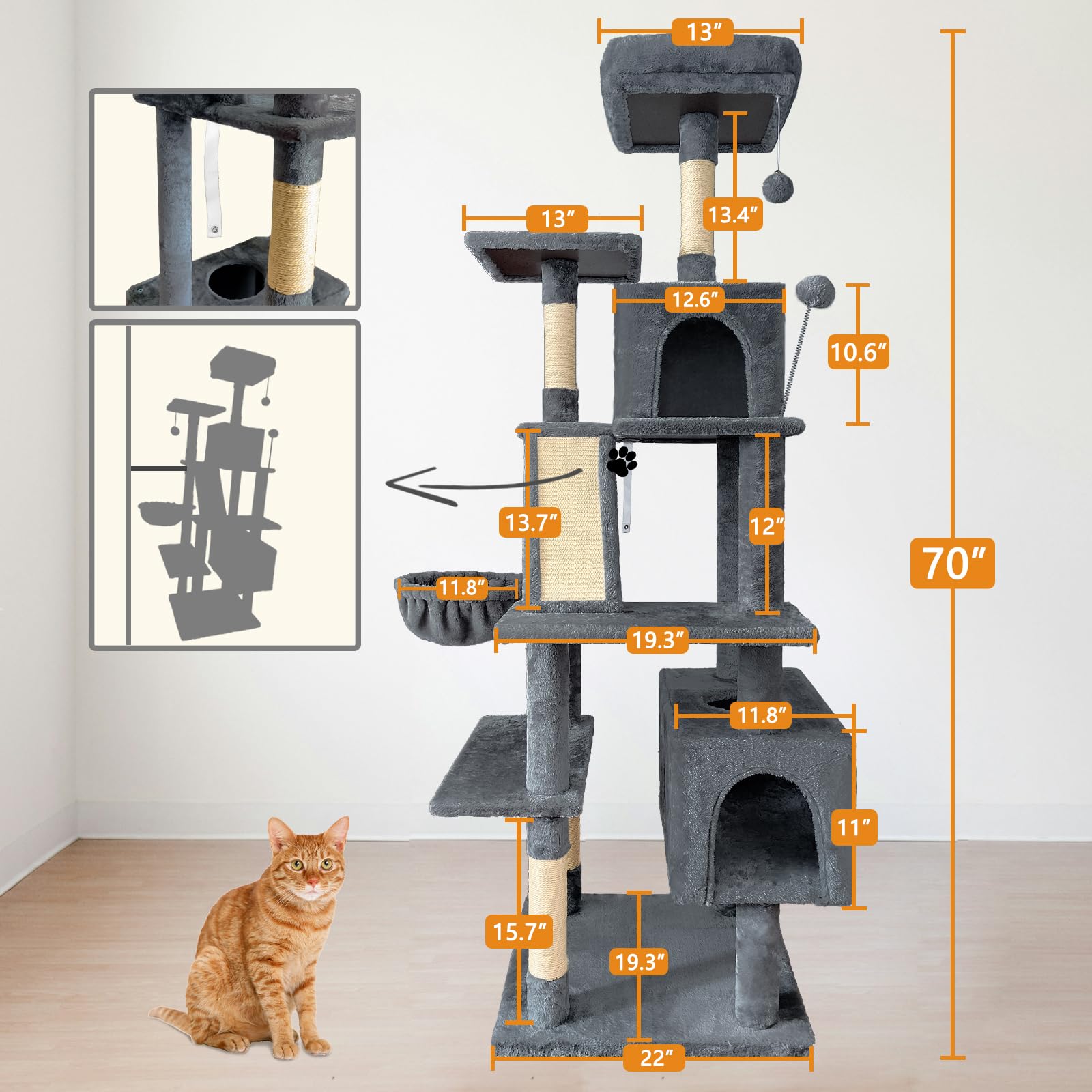 Pempet 70' Cat Tree Tower For Indoor Cats, Multi-Level Cat Tower Condo With Sisal Scratching Post (Dark Gray)