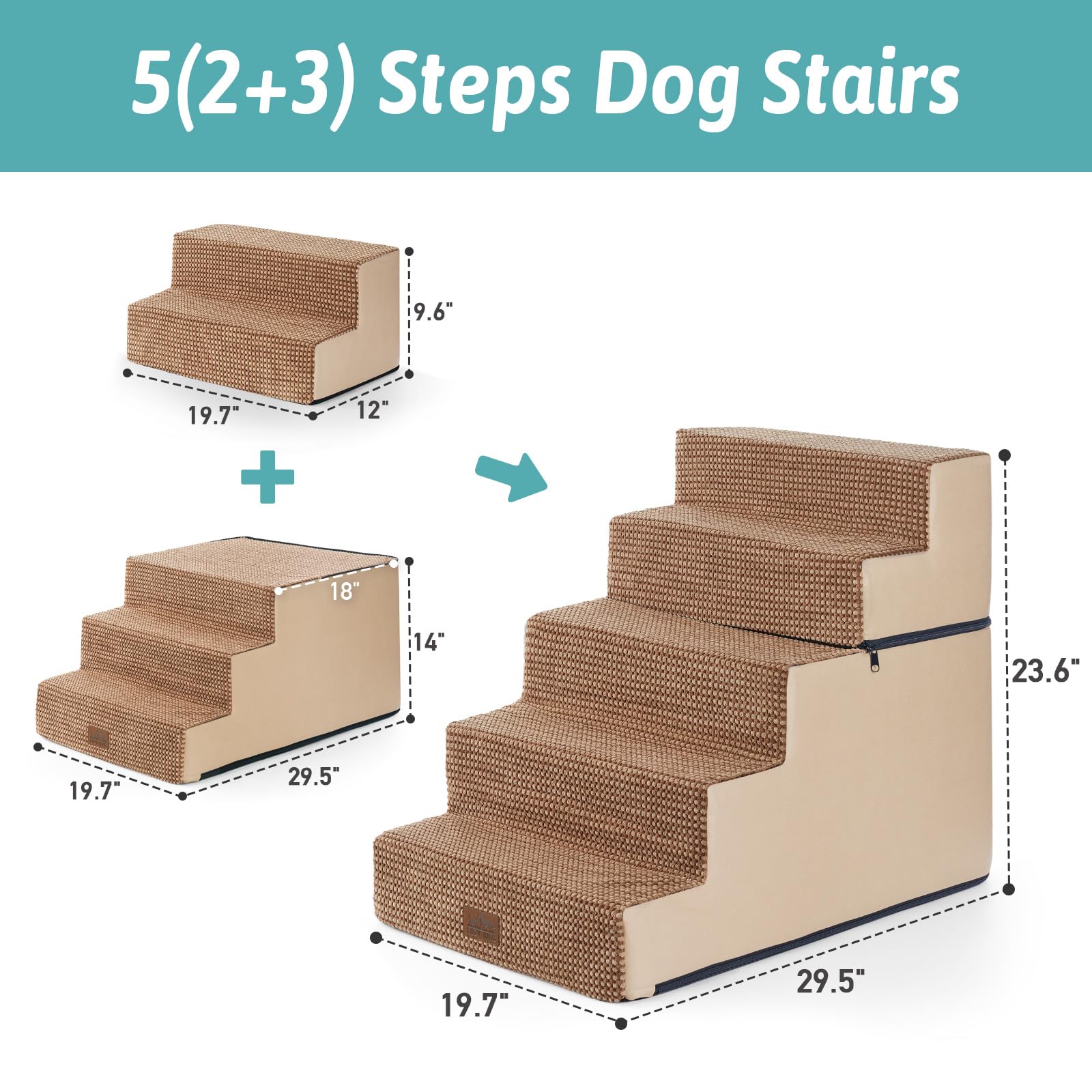 Cozy Kiss Dog Stairs For Small Dogs, 5 Tier Removable Wider Pet Stairs For Couch And Bed, 23.6'' H Non-Slip Dog Steps For Puppie