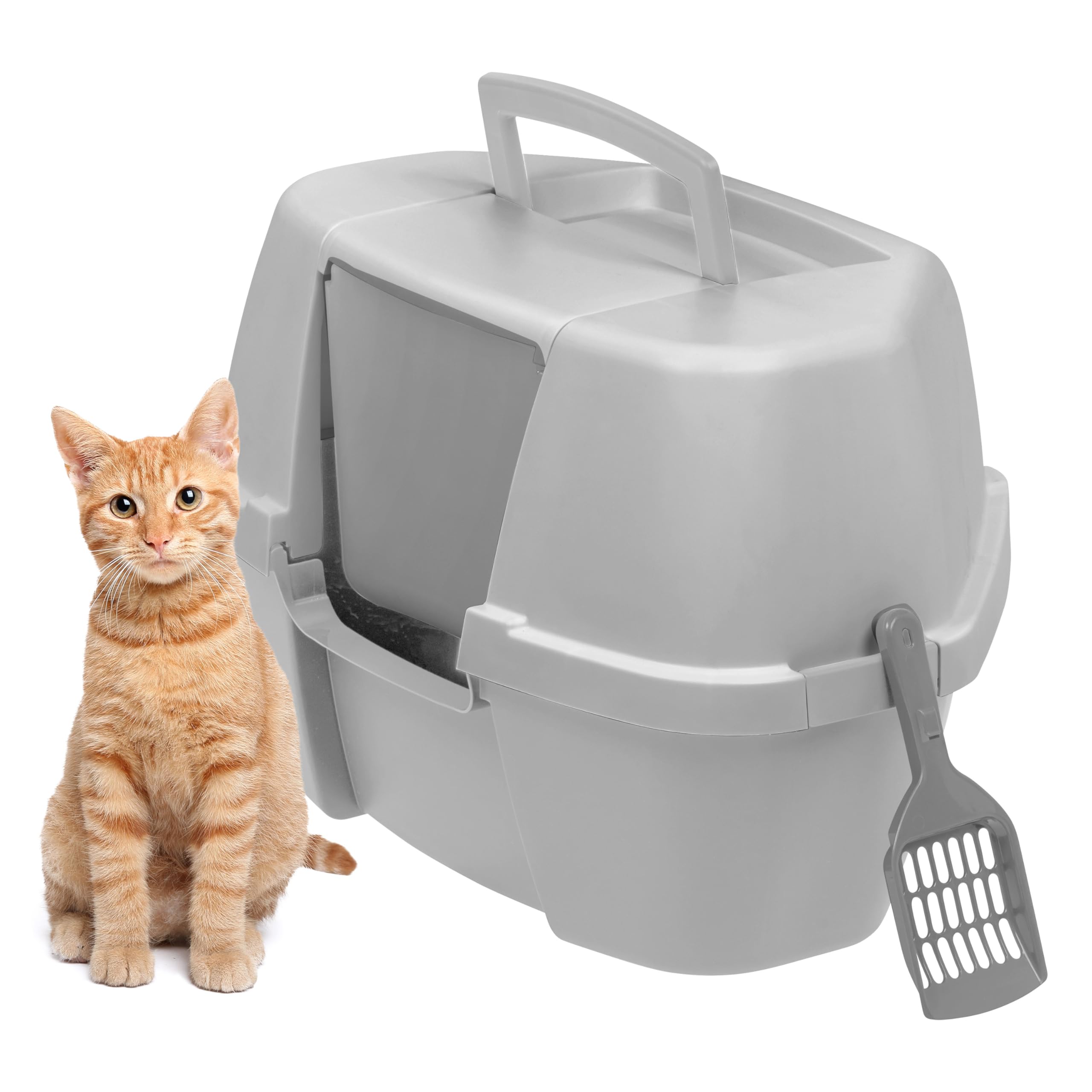 Iris Usa Corner Cat Litter Box Enclosed With Scoop - Privacy And Easy Access For Cleaning, Odor Defensive Hooded Litter Tray, St