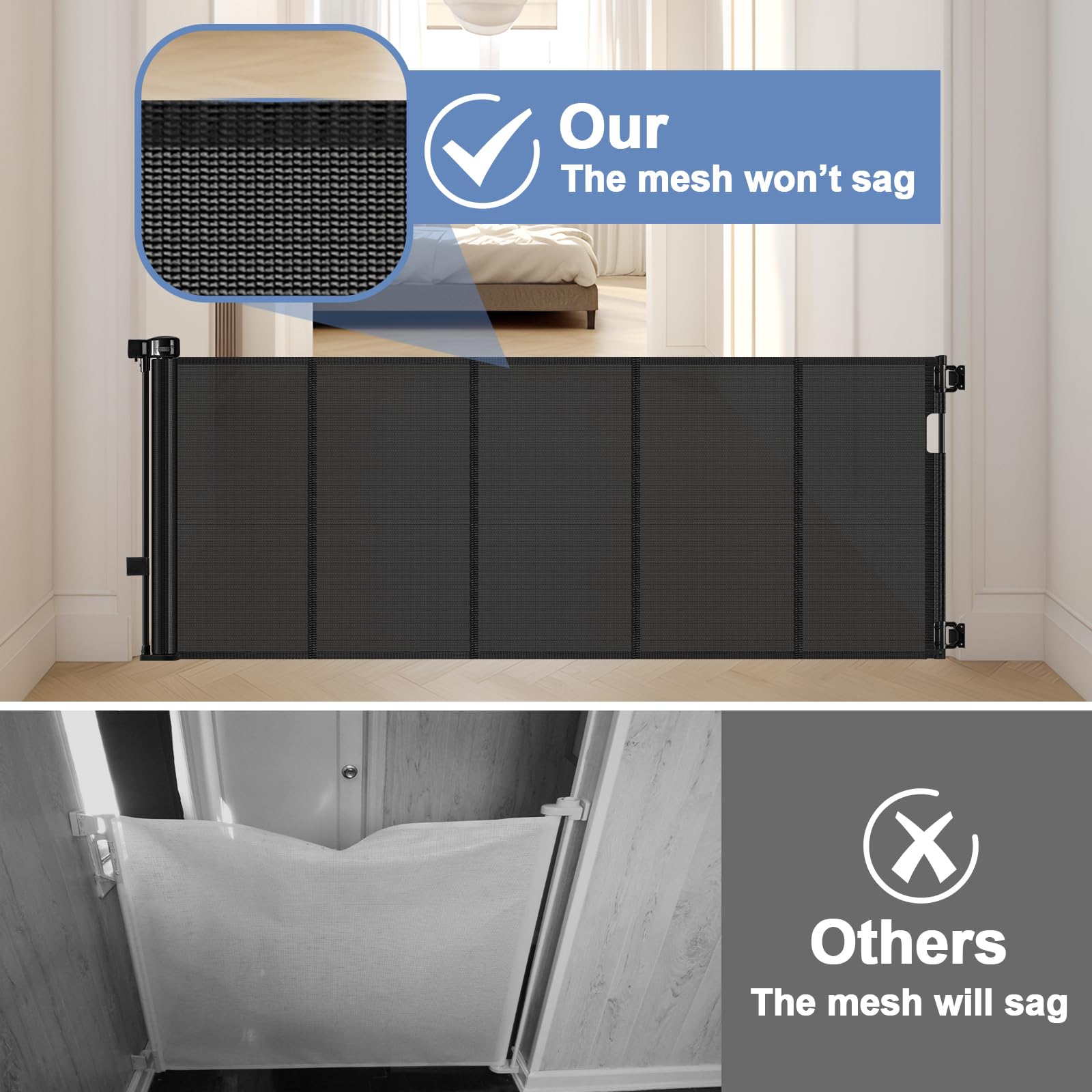 Reinforced Retractable Baby Gates with Support Beam 60'' Wide Retractable Dog Gate Indoor Prevent Children and Dogs from Crawlin