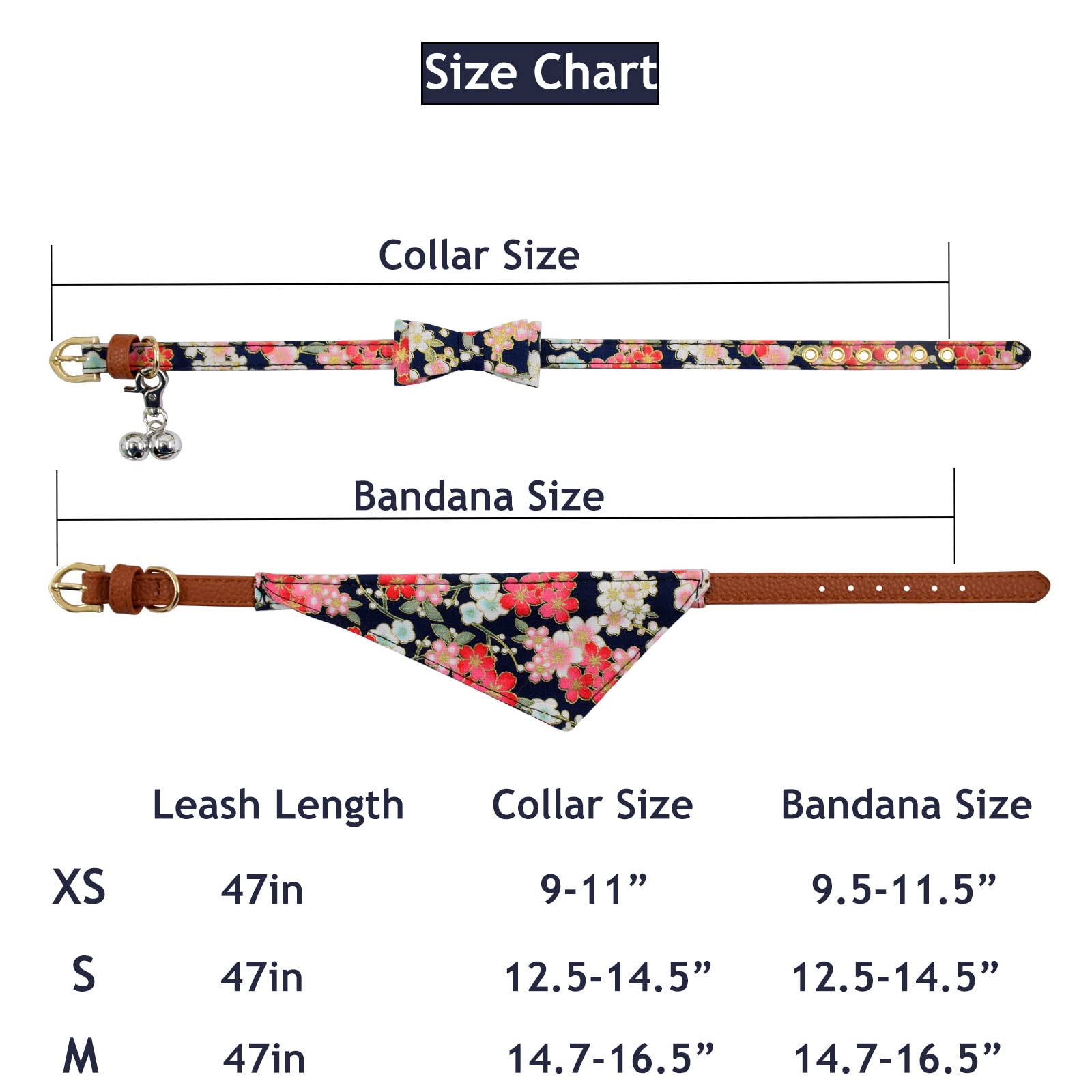 3Pcs Bow Tie Dog Collar And Leash Set Plaid/Camo/Dots/Flower Dog Bandanas With Bell 3 Size Adjustable For Small Dogs Puppies And Cats (S, Black Flower)