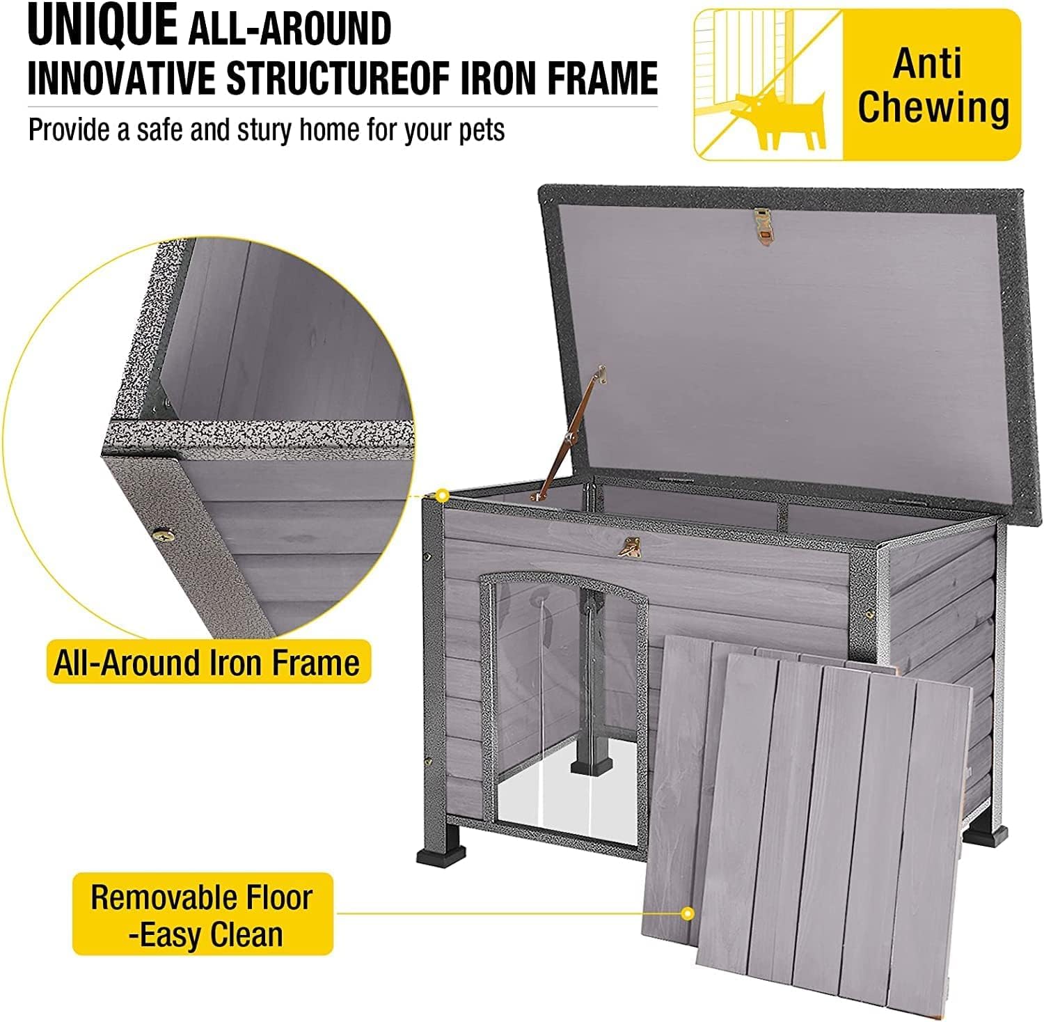 Aivituvin Large Dog House Outdoor Indoor Weatherproof Dog House For Small & Medium & Large Dogs With Unique All-Around Iron Fram