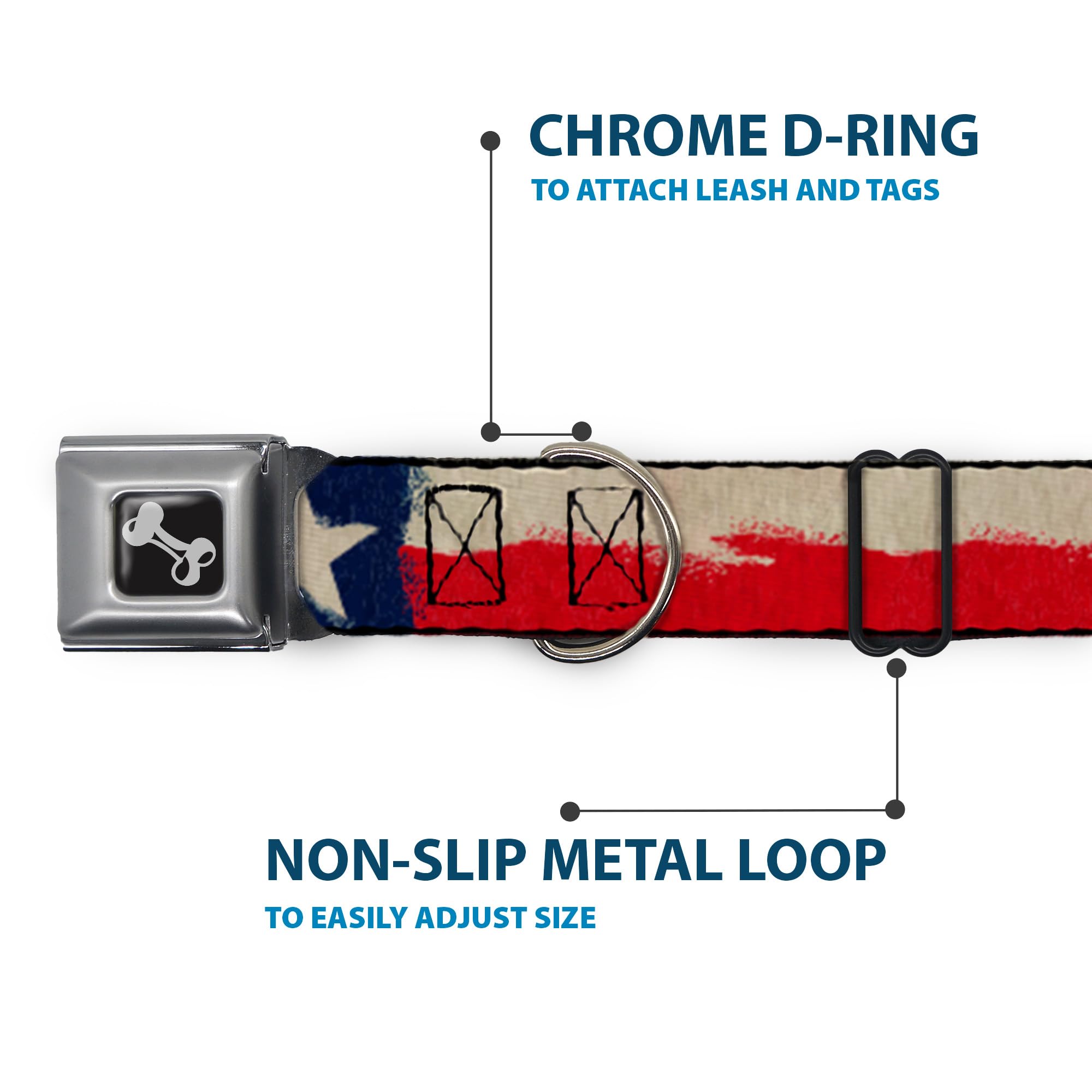 Buckle-Down Dog Collar Seatbelt Buckle Texas Flag Close Up Distressed Painting, Multicolor, 1' Wide - Fits 15-26' Neck - Large