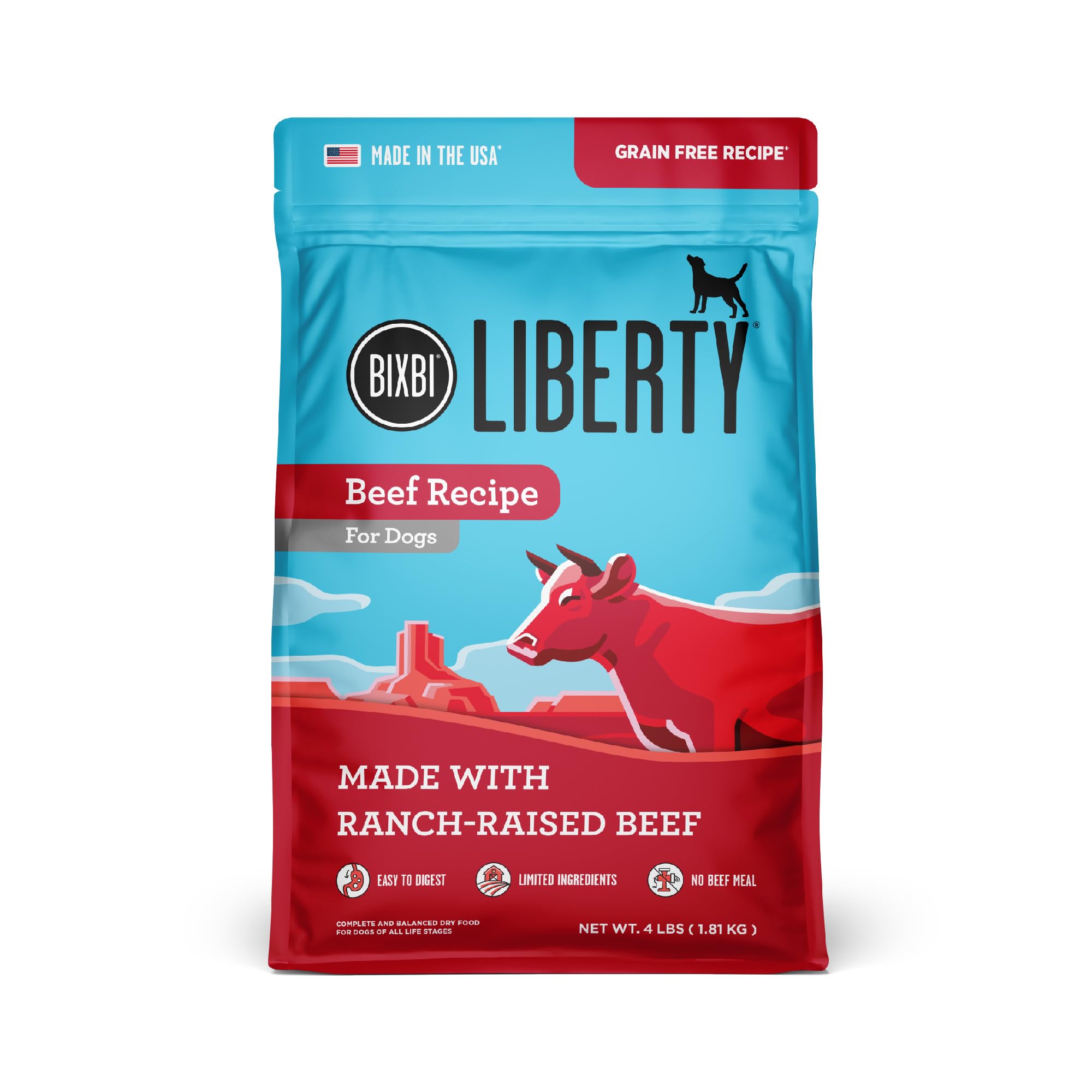 BIXBI Liberty Grain Free Dry Dog Food, Beef, 4 lbs - Fresh Meat, No Meat Meal, No Fillers - Gently Steamed & Cooked - No Soy, Co