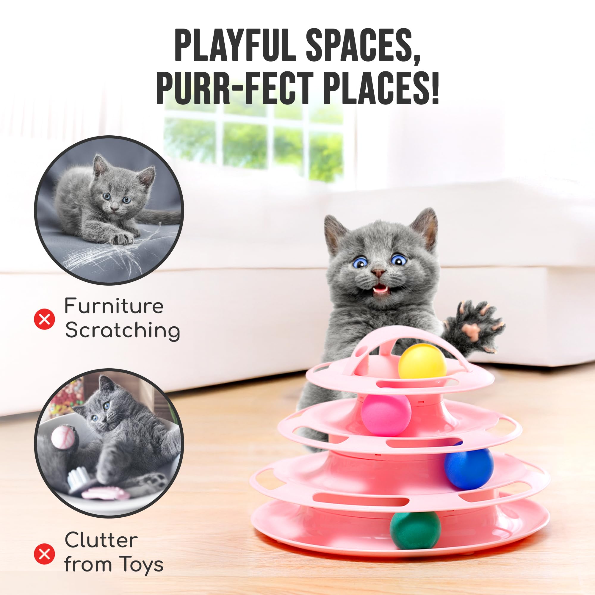 SunGrow Pink Cat Toys for Bored Indoor Adult Cats, 4-Tier Cat Toy Roller, Pet Puzzle Toy, Cat 4 Ball Track with Non-Slip Grip, I