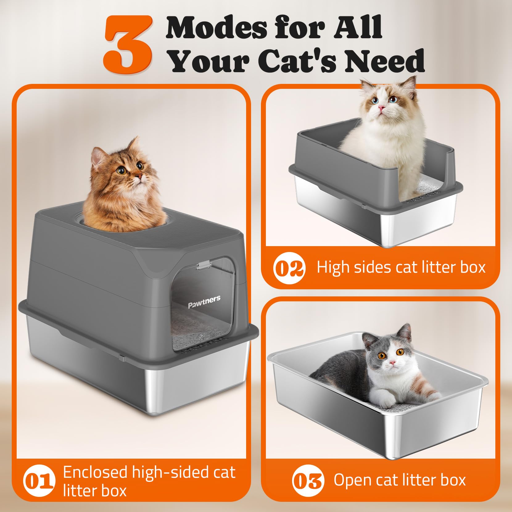 Pawtners Stainless Steel Cat Litter Box, Xl Extra Large Kitty Litter Pan, Front Entry Top Exit Hooded Metal Cat Toilet For Odor