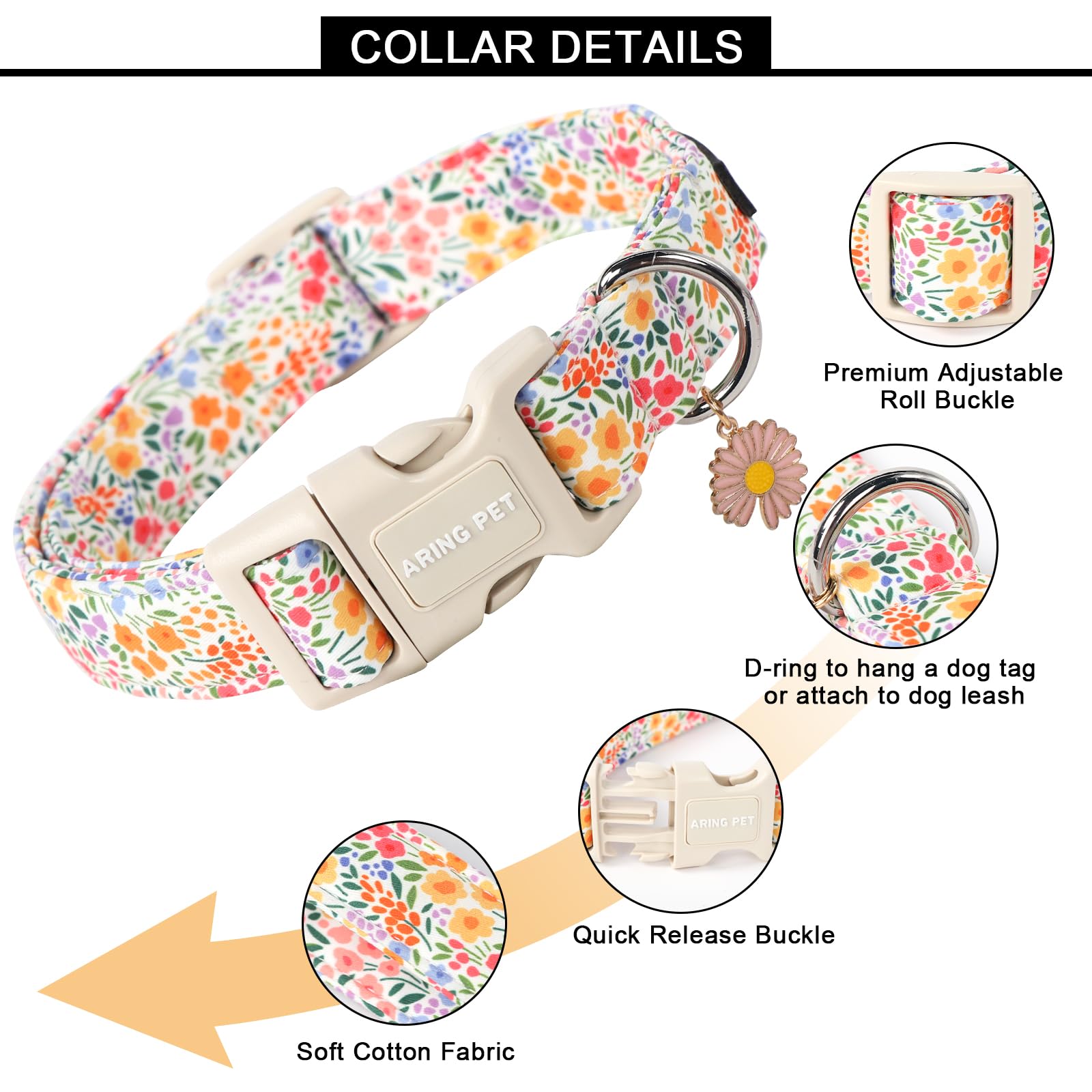 Aring Pet Summer Dog Collar-Cute Dog Collar For Small Dogs, Adjustable Cotton Floral Pet Collars Puppy Collar For Small Medium L