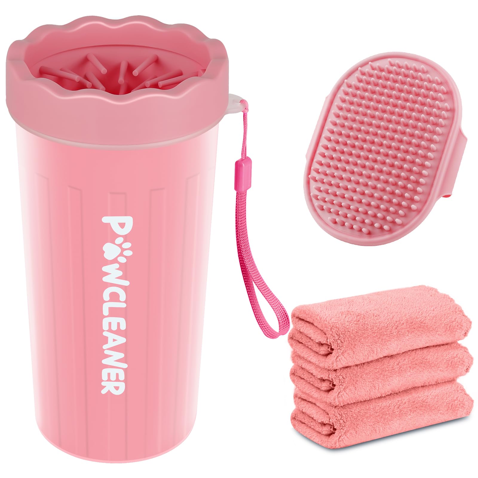 Dog Paw Cleaner For Dogs, (With 3Pcs Absorbent Towels & Adjustable Bath Brush) Dog Paw Washer, Pet Foot Cleaner (Pink, Large)