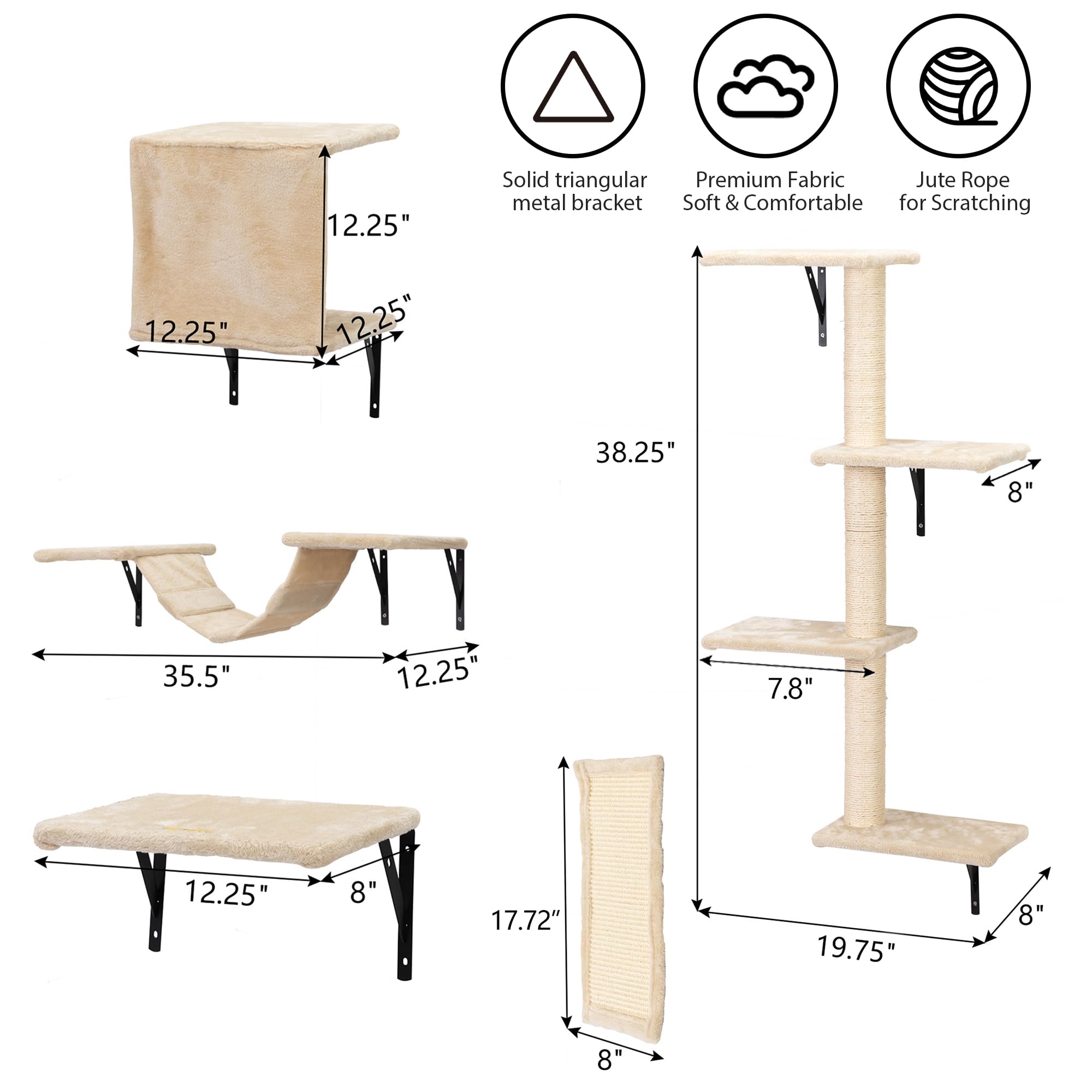 COZIWOW Cat Wall Shelves and Mounted Perches, Climber Set with 5pcs Including Cat Scratching Post, Hanging Bed, House, Steps, Tr