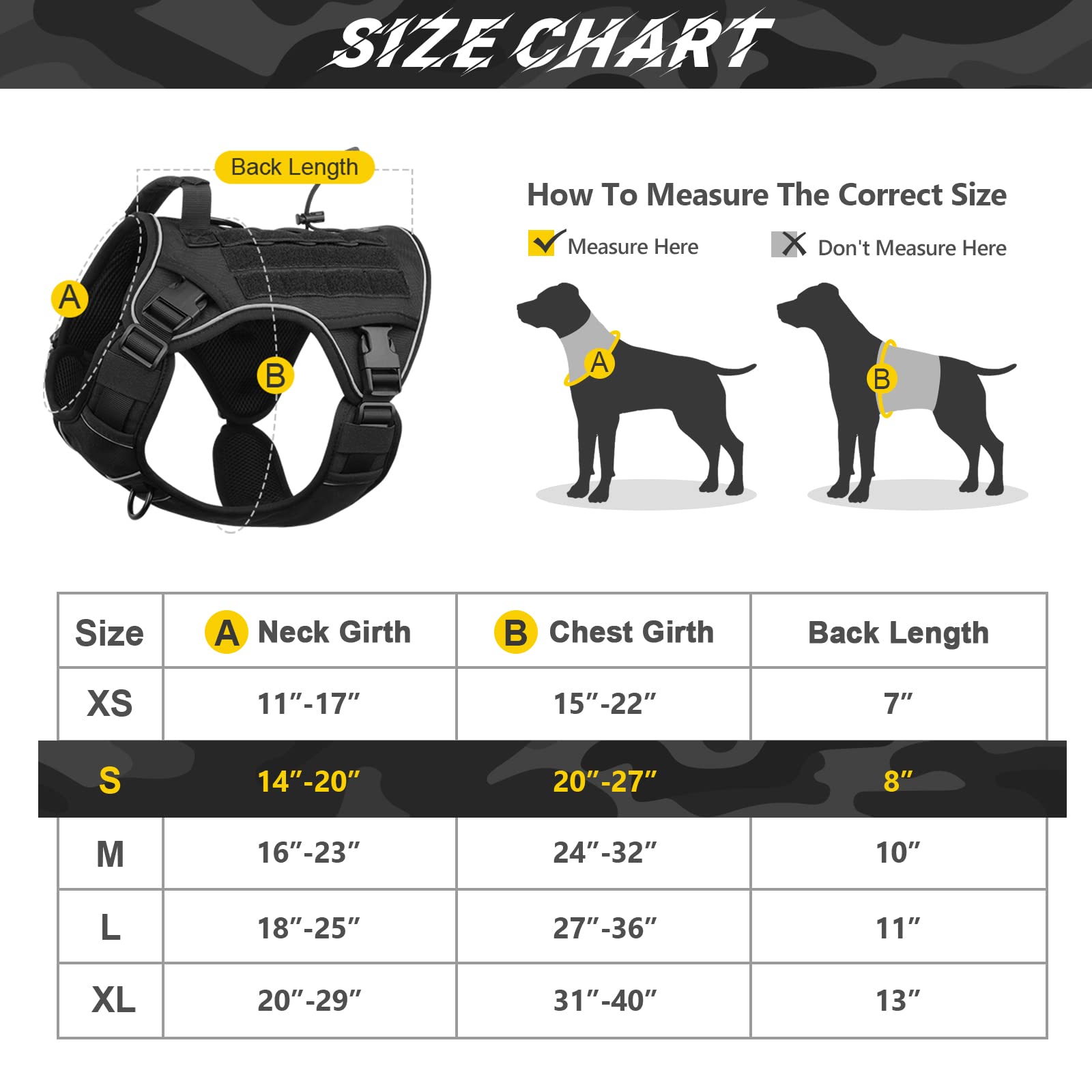 Wingoin Black Tactical Dog Harness For Medium Small Dogs No Pull Adjustable Reflective Military Pet Harness With Easy Control Handle With Hook & Loop Panels For Walking Hiking Training