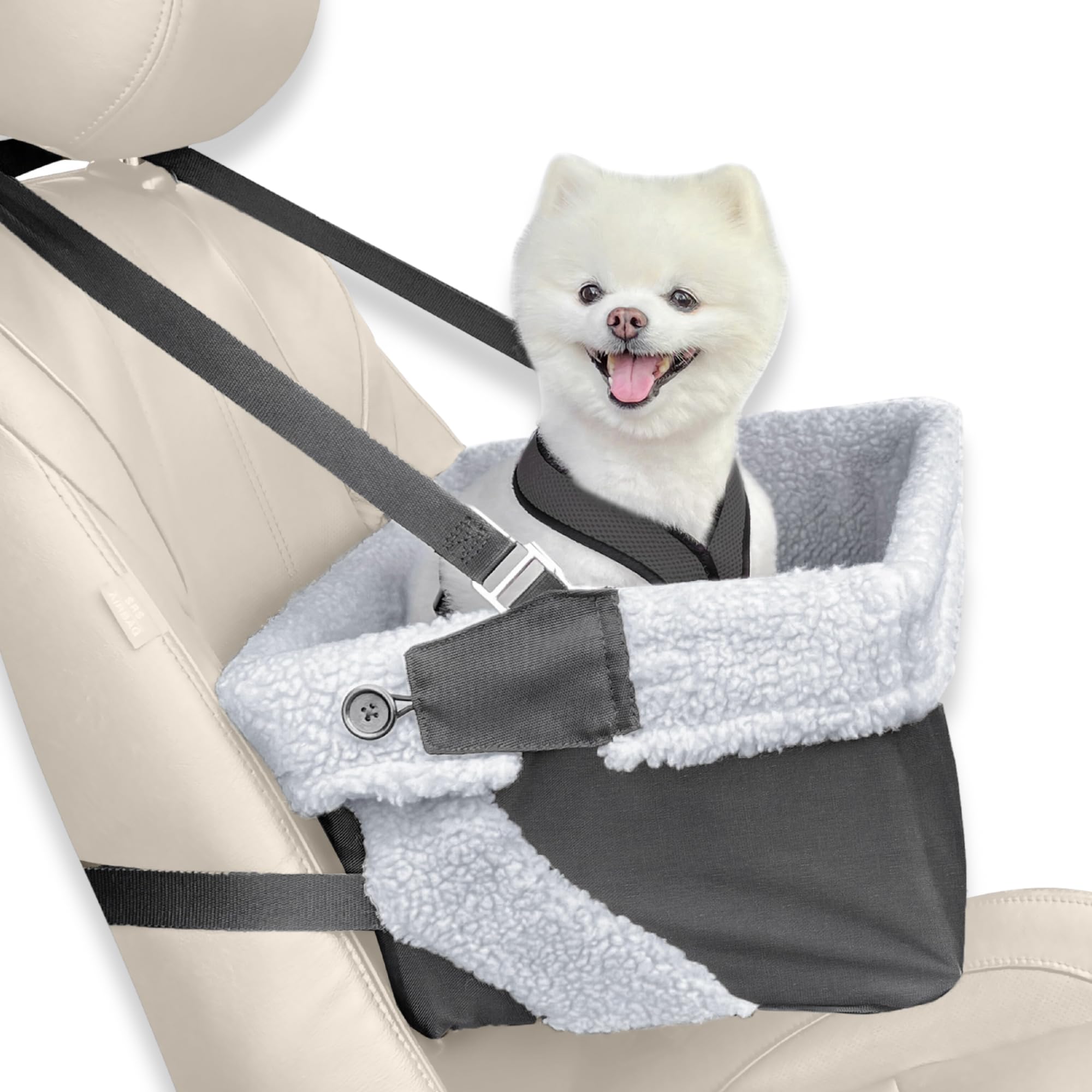 Dog Car Seat For Small Dogs - Grey Dog Booster Seat- Washable, Adjustable And Collapsible Pet Travel Carrier Bed- Includes Safet