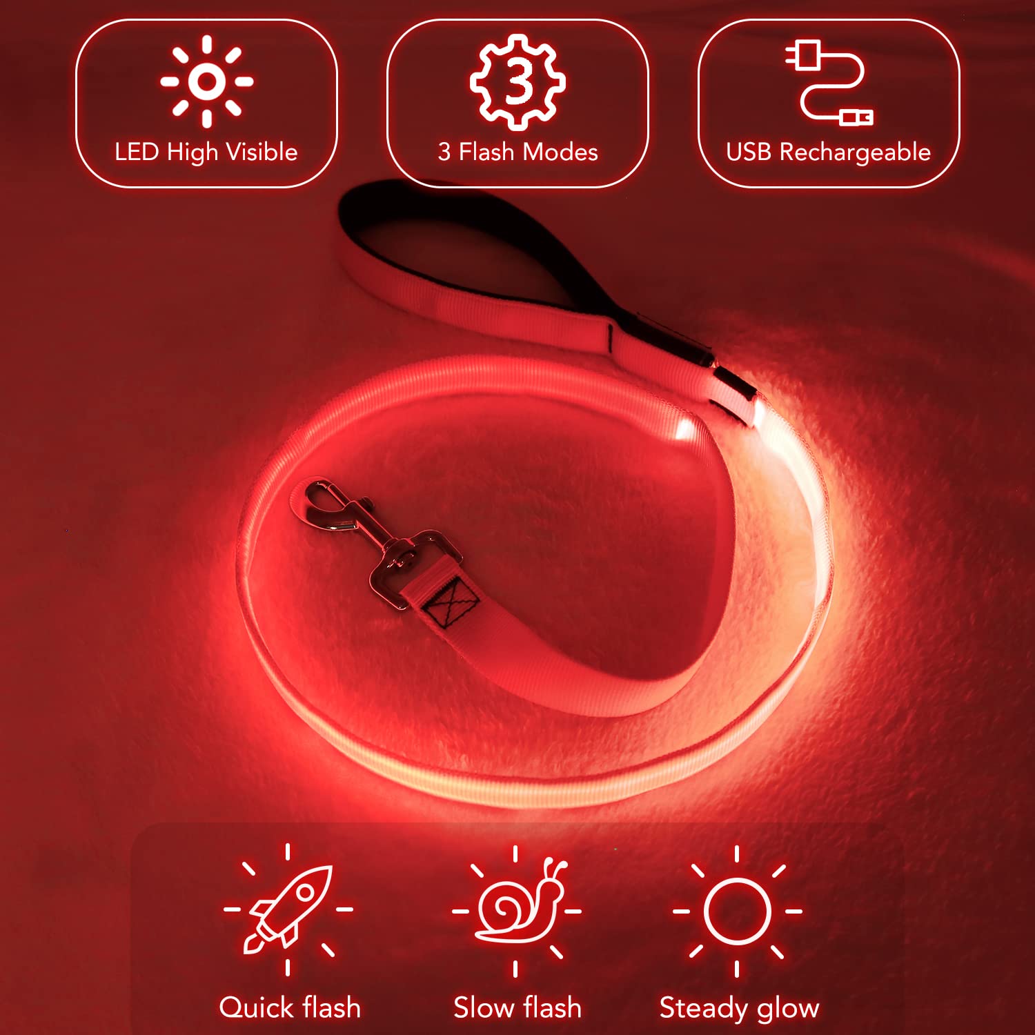 Colaseeme Light Up Dog Leash, 4FT LED Pet Leashes Micro USB Rechargeable, Nylon Glow Safety Dogs Lights at Night (Red)