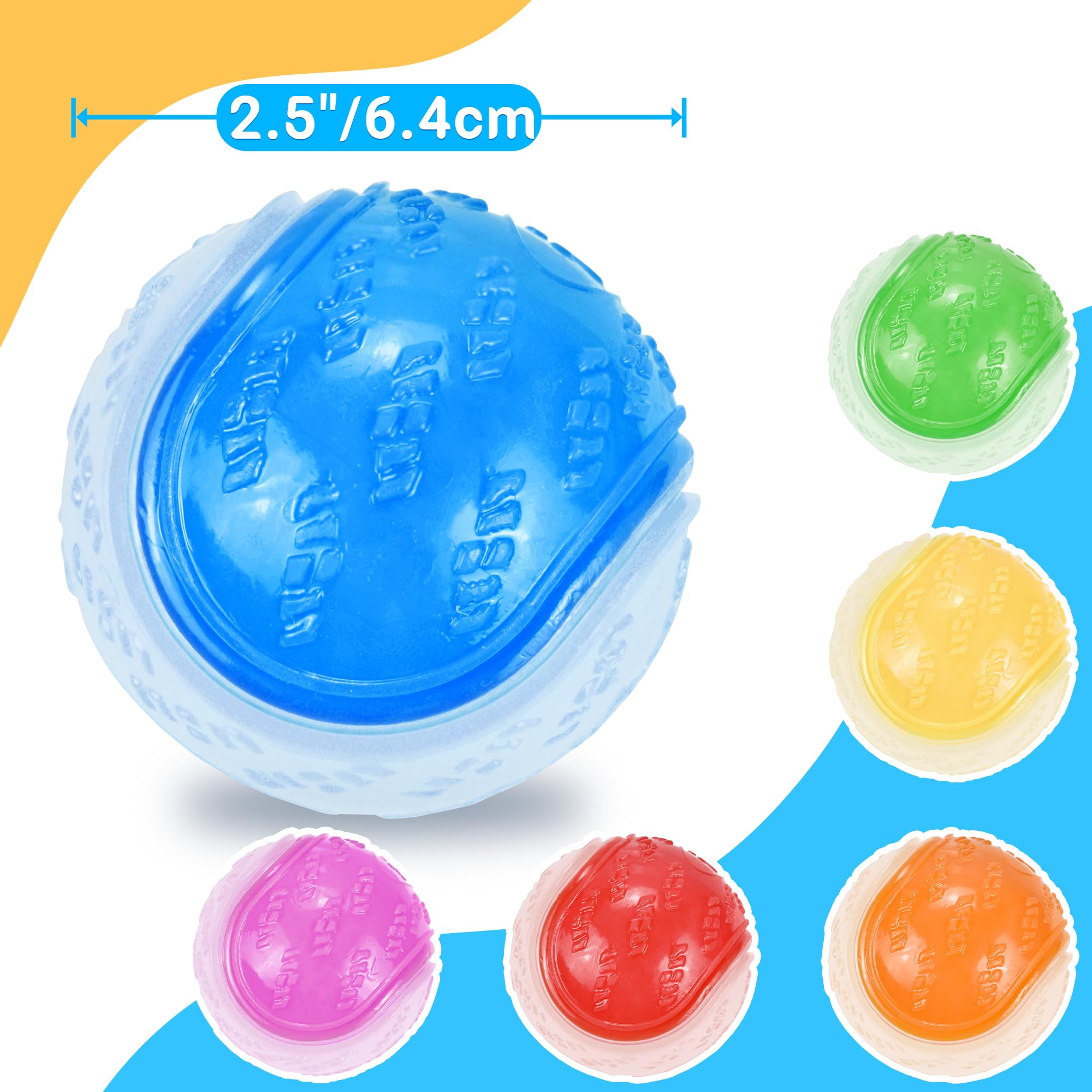 LECHONG Glow Dog Ball - 2.5” Squeaky Rubber Toy for Small/Medium Dogs, Pack of 6, Durable Thermoplastic Rubber, S6-glow
