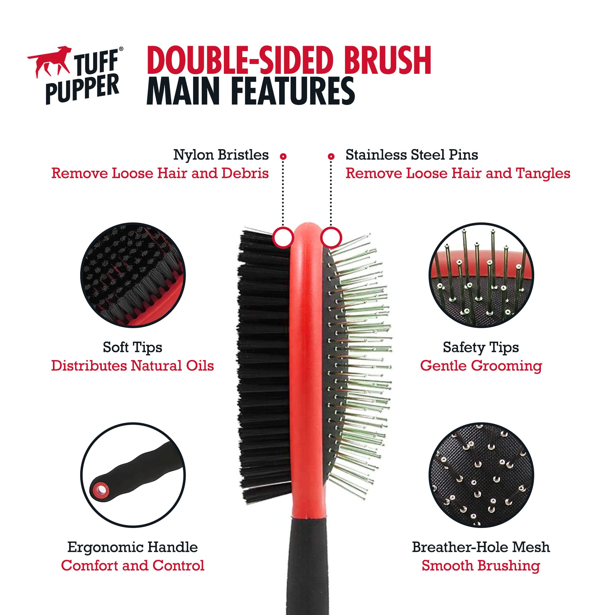 Tuff Pupper Double Sided Dog Brush, Detangling Tool For Dogs And Cats, Pin & Bristle Pet Brush, For And Hair Types, With Comfort