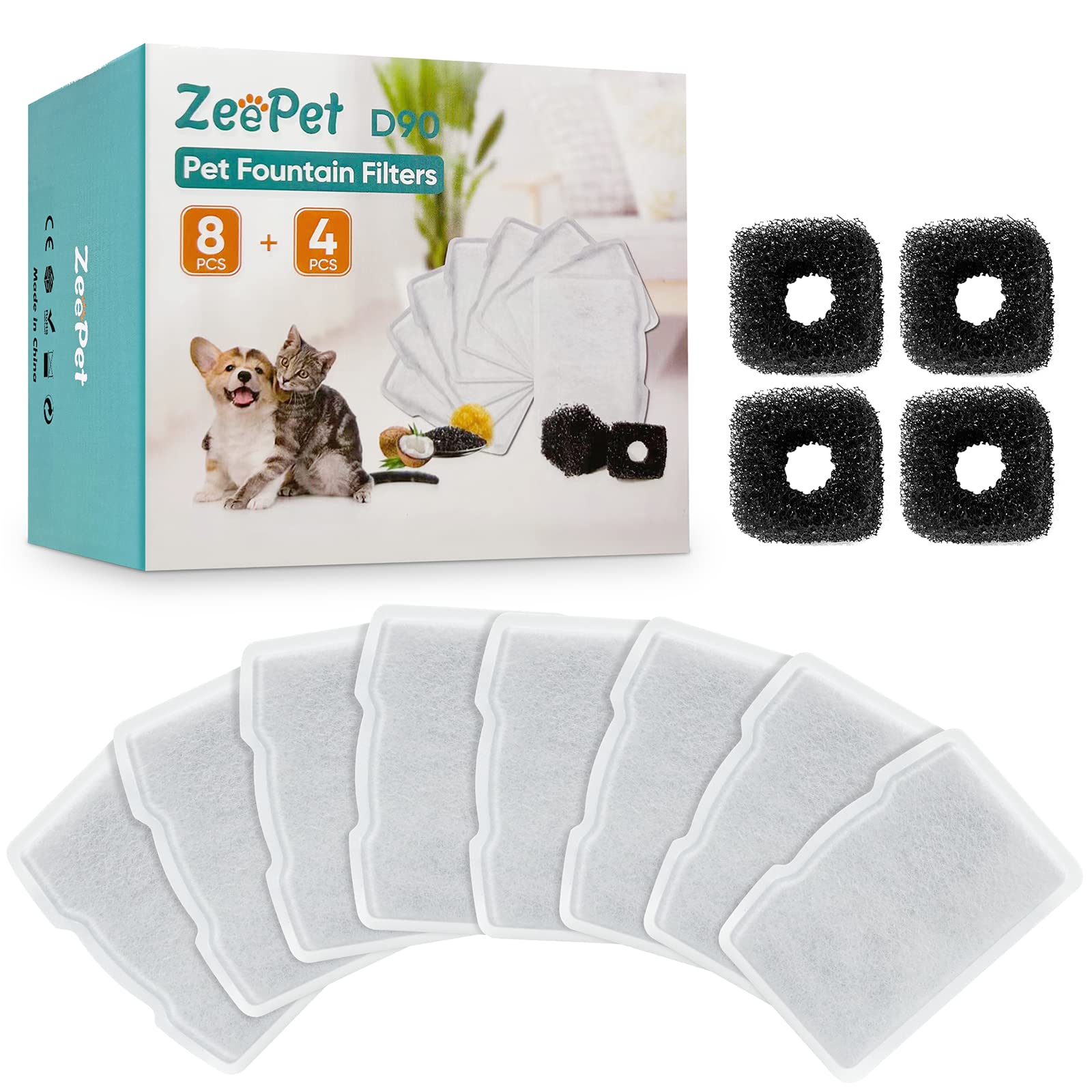 Zeepet Cat Water Fountain Filter Replacements For 120Oz/3.5L Stainless Steel D90 Pet Water Fountain,(Pump Filter X4, Carbon Resin Filters X8)