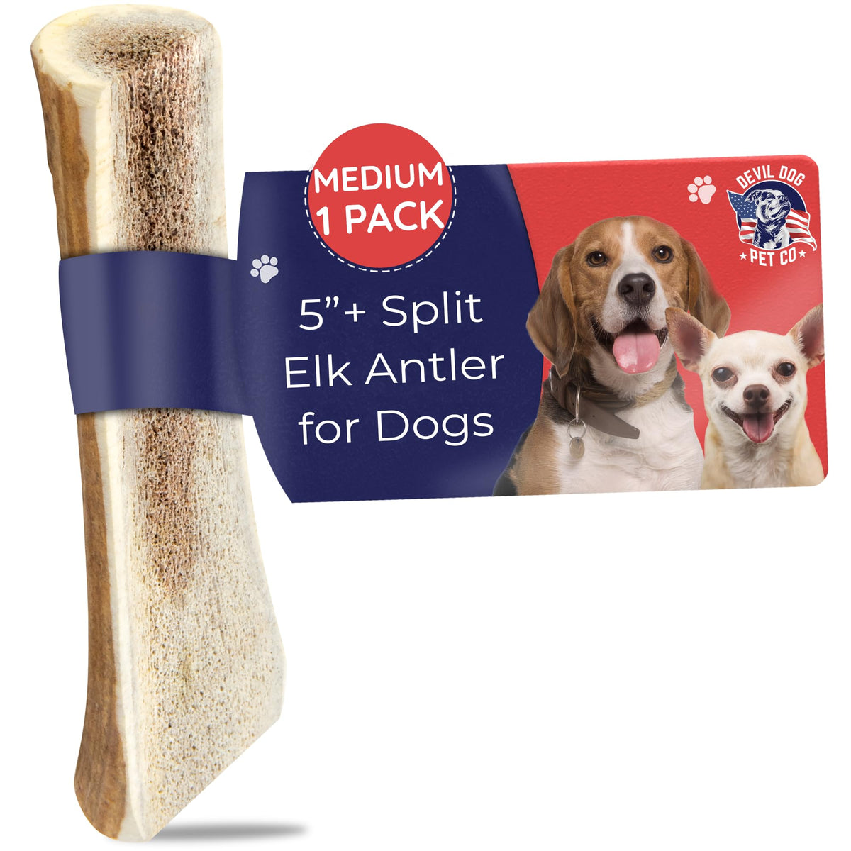 Devil Dog Pet Co. Split Elk Antlers For Dogs, 1 Pack, Medium 5”+, Grade A Long Lasting Dog Bones For Aggressive Chewers, Premium Usa Naturally Shed Antler Dog Chew – No Odor, Dog Antler Chews