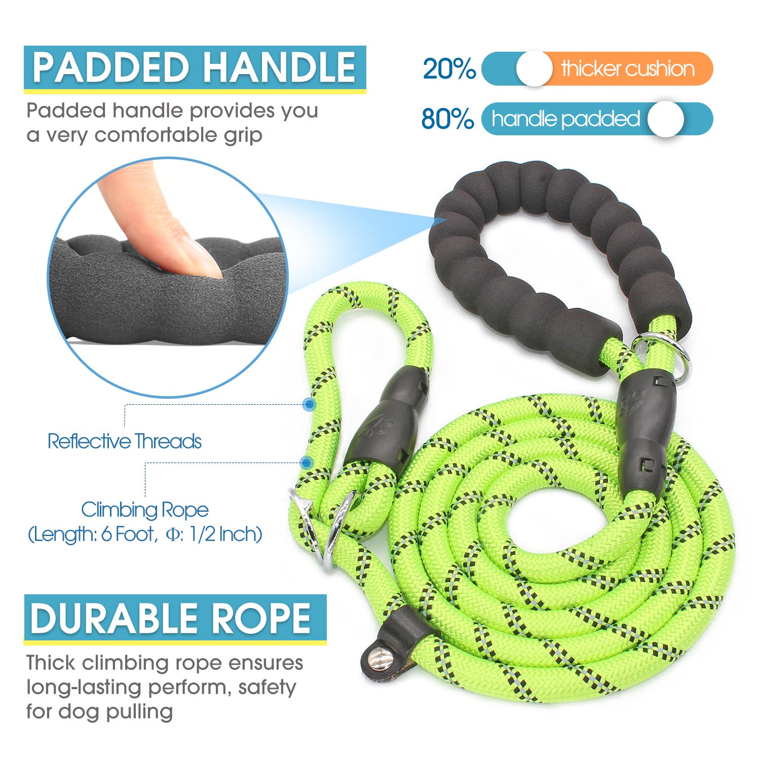 Baapet 6 Feet Slip Lead Dog Leash Anti-Choking With Upgraded Durable Rope Cover And Comfortable Padded Handle For Large, Medium, Small Dogs Trainning With Poop Bags And Dispenser (Green)