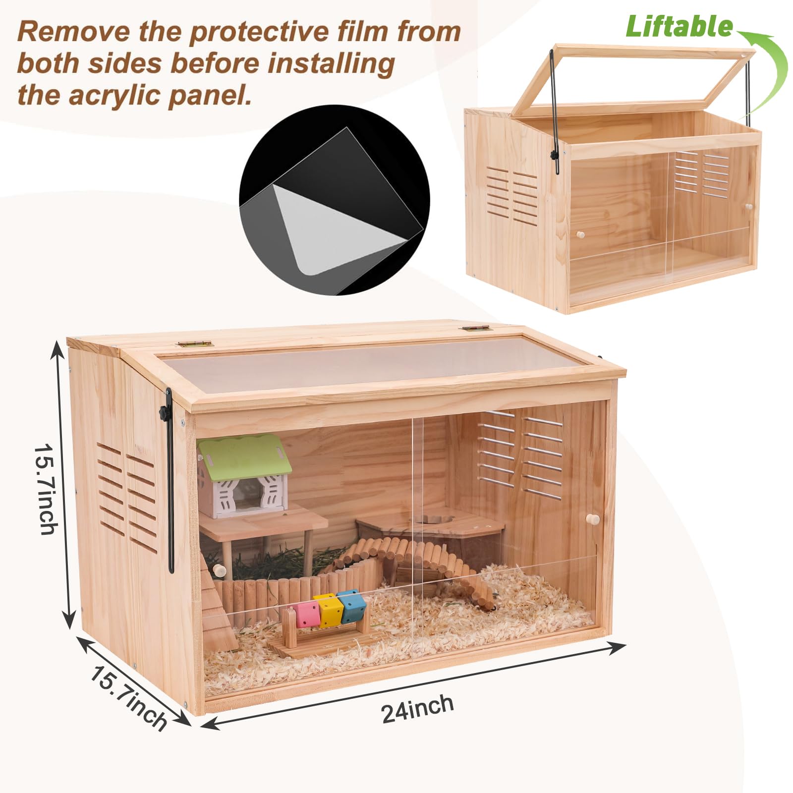 Wooden Hamster Cage,24'' Lx16 Wx16 H,Animal Cabinet For Dwarf Syrian Hamsters Degus, Hamster Habitat With Openable Top And Large