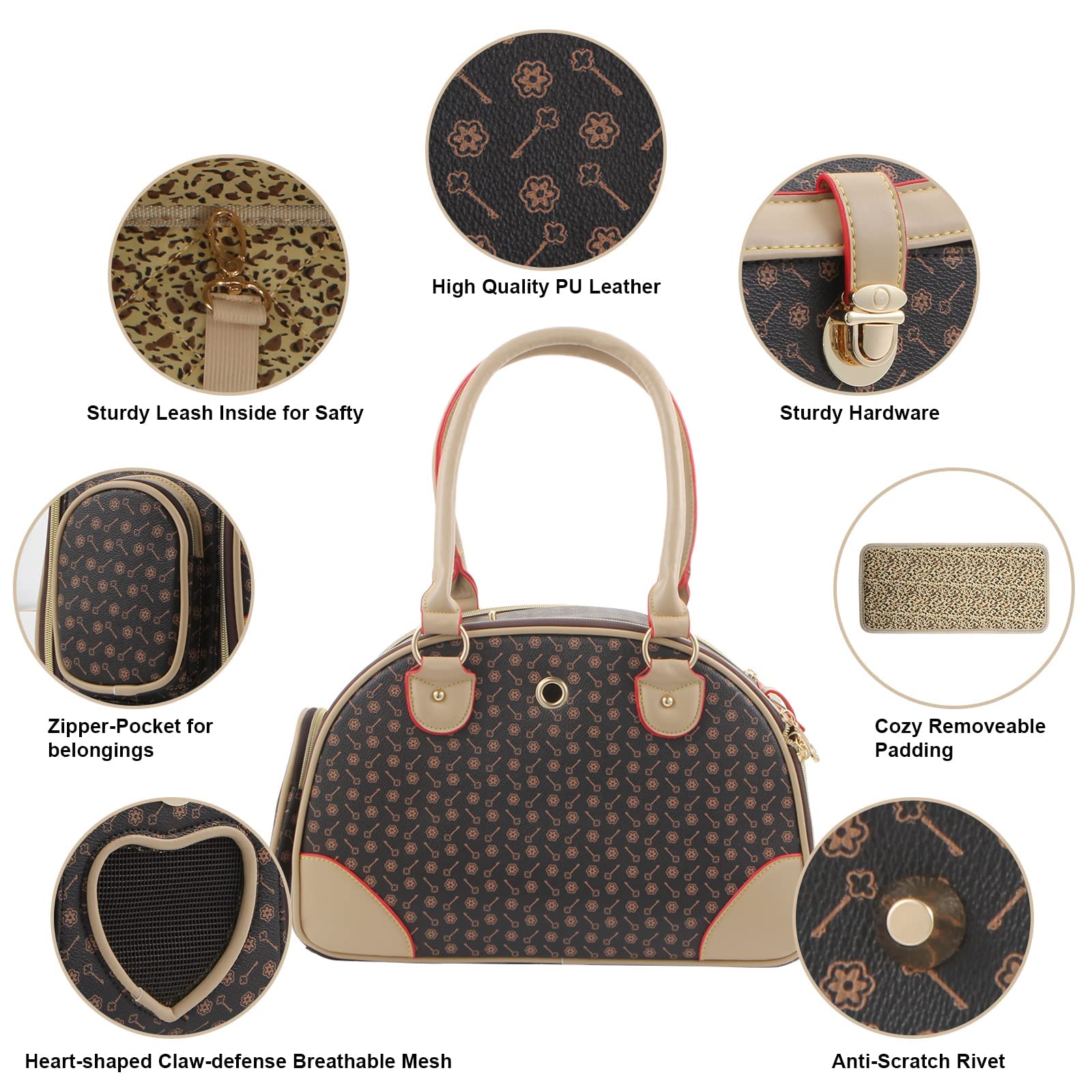 Betop House Fashion Dog Carrier Pu Leather Dog Handbag Dog Purse Cat Tote Bag Pet Cat Dog Hiking Bag, Brown, Small 38 * 23 * 17C