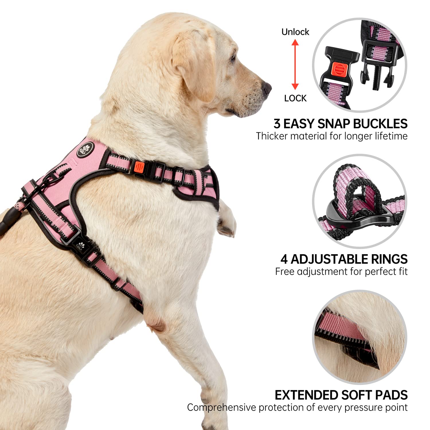 Nestroad No Pull Dog Harness,Adjustable Oxford Medium Dog Harness With Leash,Reflective No-Choke Pet Vest Harness With Easy Control Soft Handle For Small Medium Large Dogs(M,Pink)