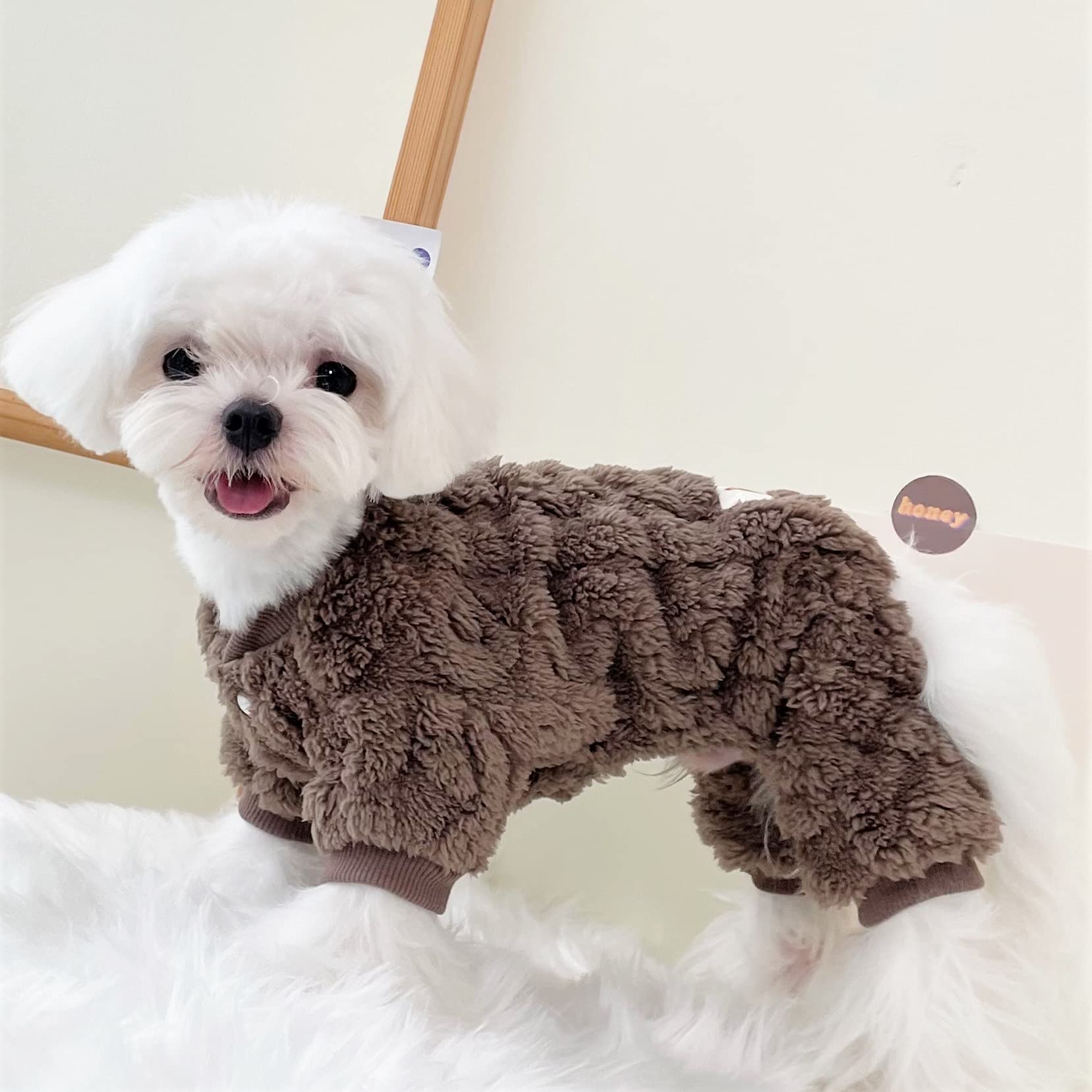 Loyanyy Plush Dog Pajamas For Cold Weather 4 Legged Clothes For Dog Cat Stretchy Puppy Kitten Onesie With Buttons Warm Soft Pet Jumpsuit Winter Coat Coffee Small
