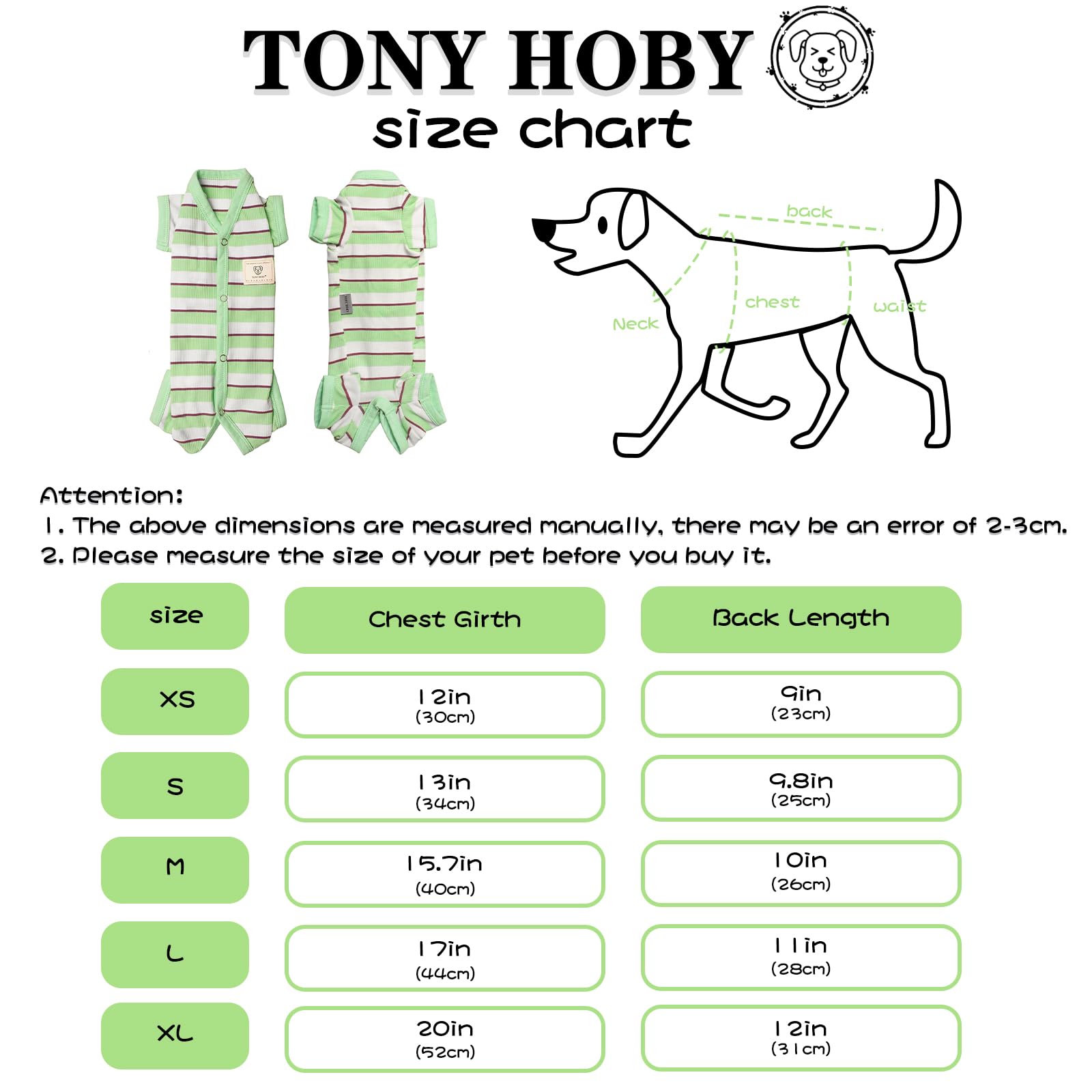 Tony Hoby Dog Jumpsuit 4 Legged Pajamas - Female Dog Pajamas With Green Stripe, For Small Medium Size Dogs, Green&White, Female