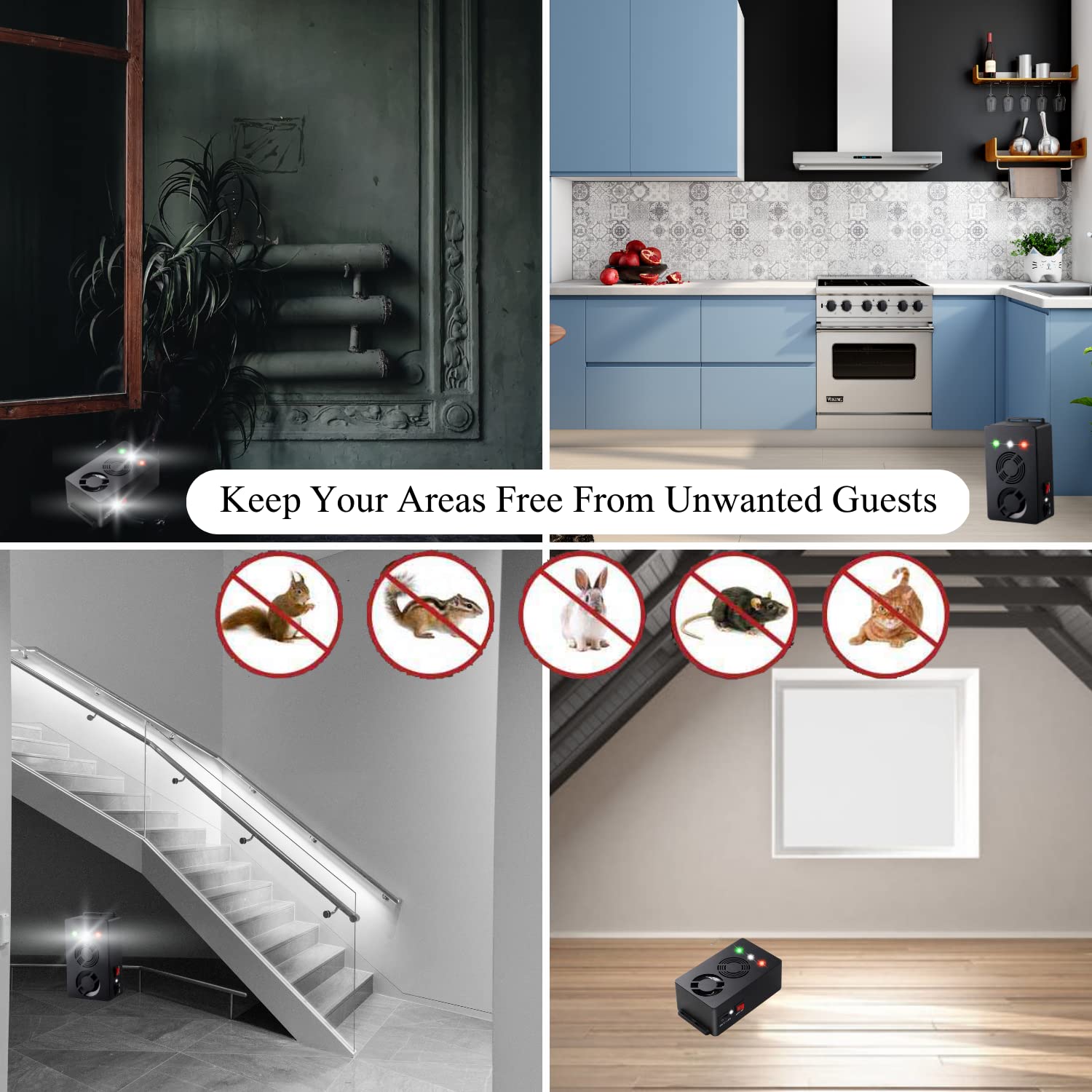 Angveirt Ultrasonic Mice Repellent - Battery Operated, Indoor Pest Control, 2 Count, Black, Plastic