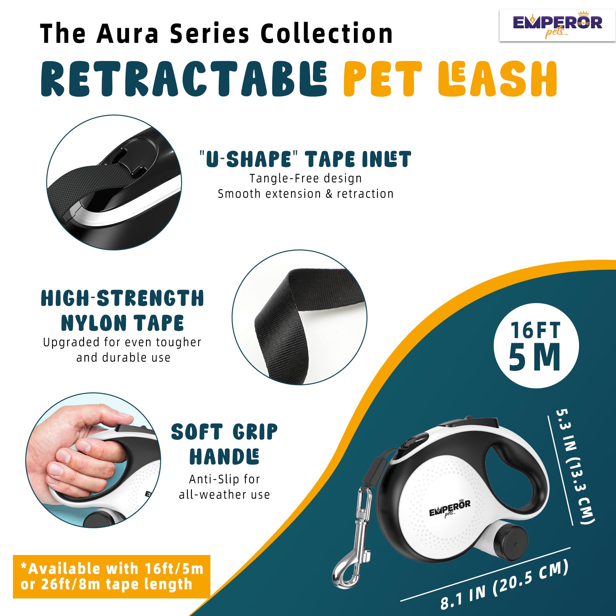 Emperor Pets 16 Ft Retractable Dog Leash White - Heavy Duty Retractable Pet Leash With Anti-Slip Grip - Reflective Dog Leash Tap