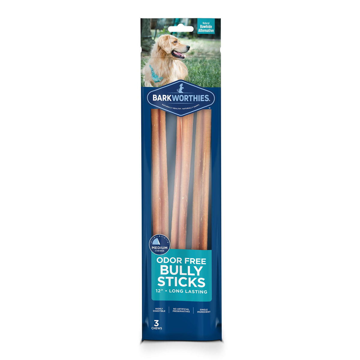 Barkworthies Odor-Free 12-Inch Bully Sticks (3 Pack) - Healthy Dog Chews - Protein-Packed, Highly Digestible, All-Natural Rawhid