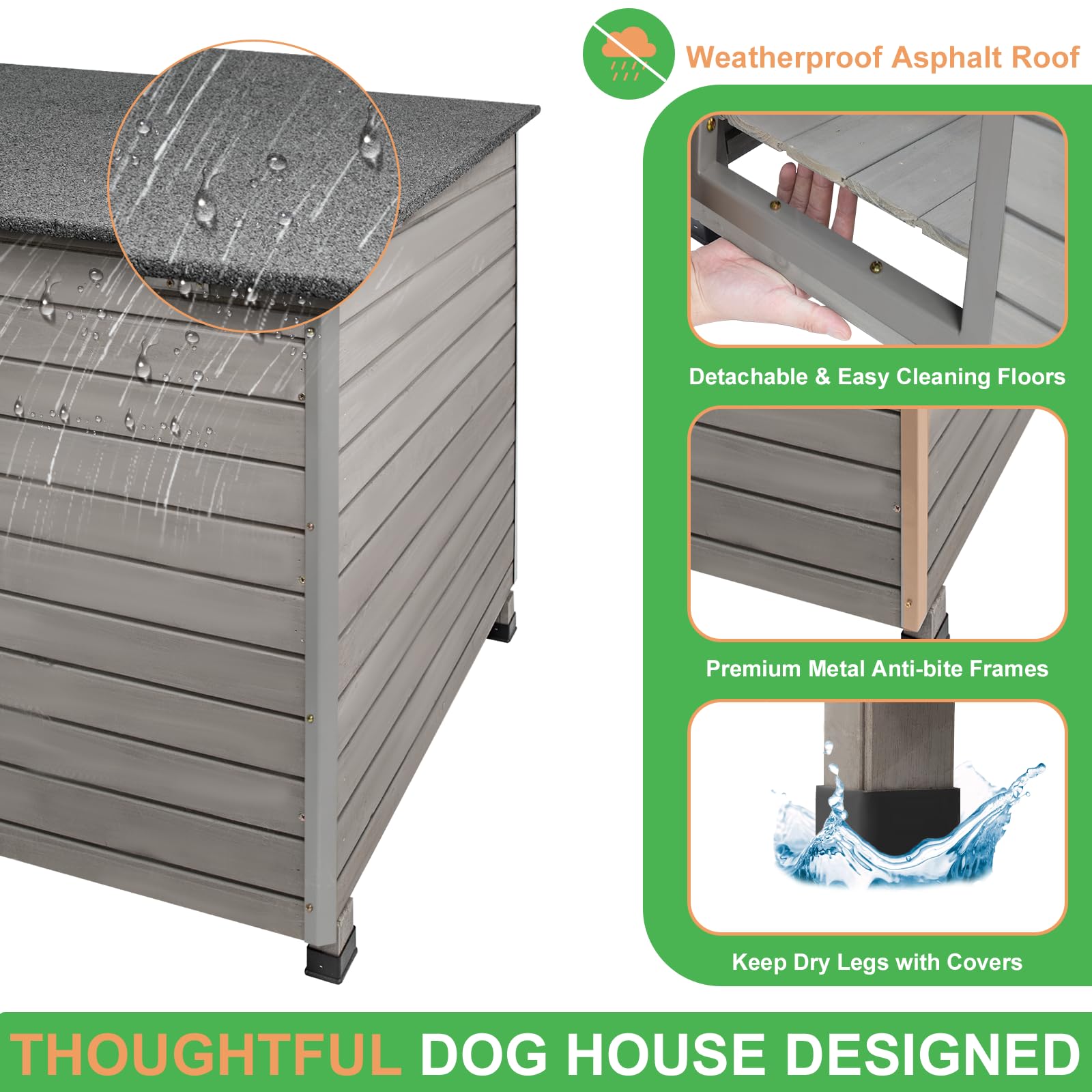 Ketive Large Dog House, Weatherproof Wooden Igloo, Chew-Proof Iron Frame, 43" Size, Grey, Model KET-PET65-1