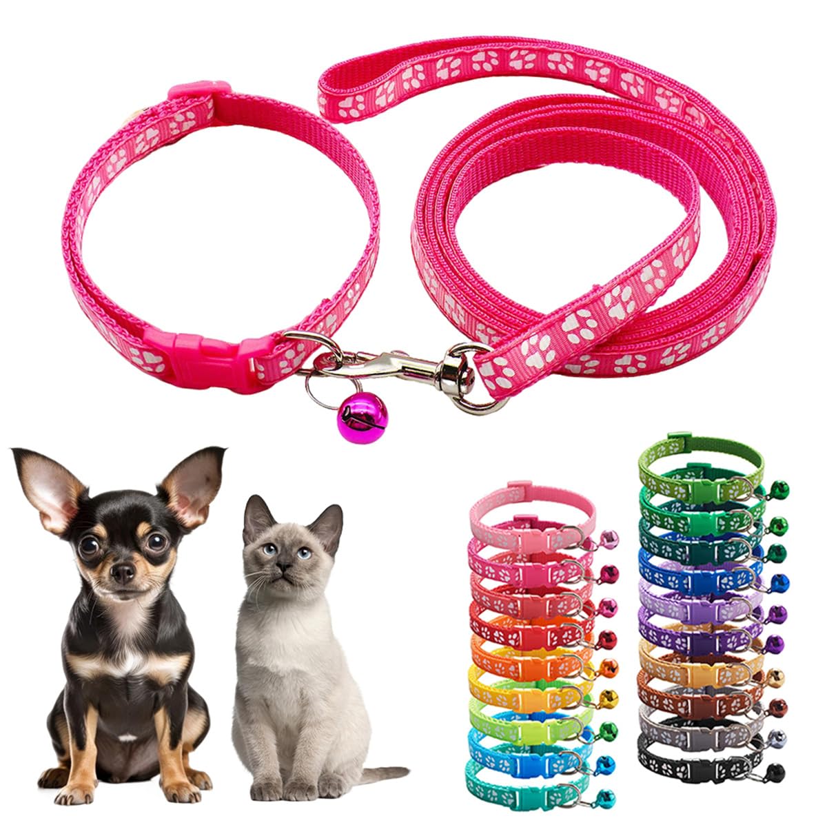 Xs Dog Collar And Leash Set With Bell,Hot Pink Nylon Paw Cat Collar Girl Female Cute Fancy Puppy Collar With Bells For Xxs Xs Ti