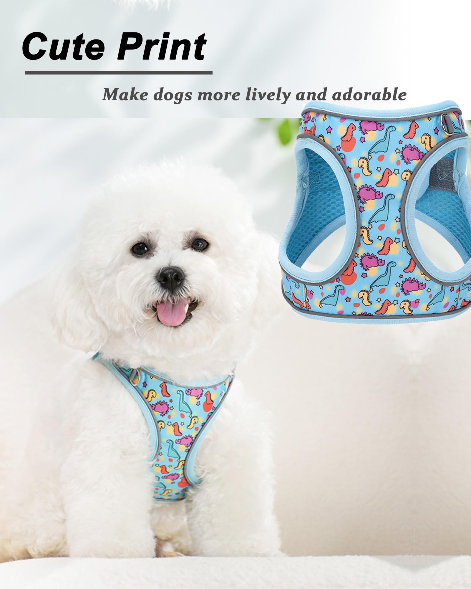 JUFOO S Blue Dinosaur Pattern Dog Harness and Leash Set,No Escape Easy Walk Puppy Harnesses for Training Walking,Breathable Adju