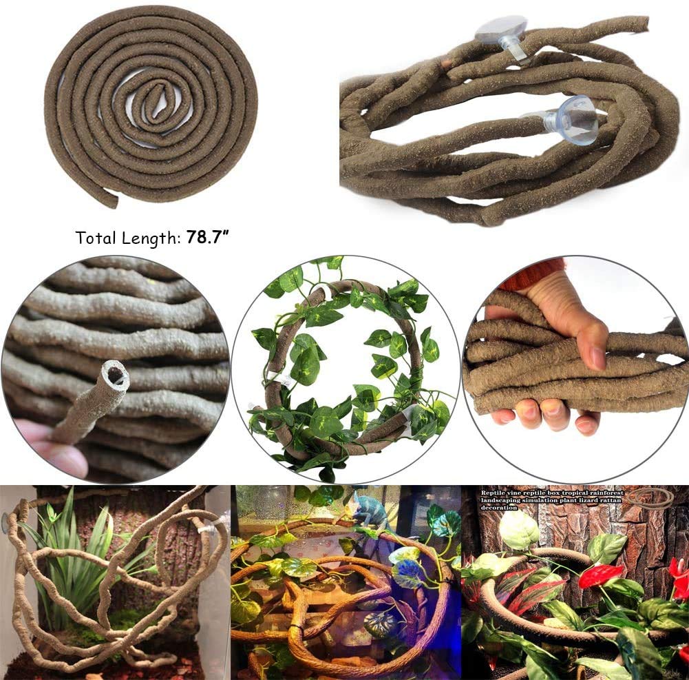 Hamiledyi Large Brown Bearded Dragon Tank Accessories - Flexible Artificial Vines & Leaves for Reptile Habitat Decor