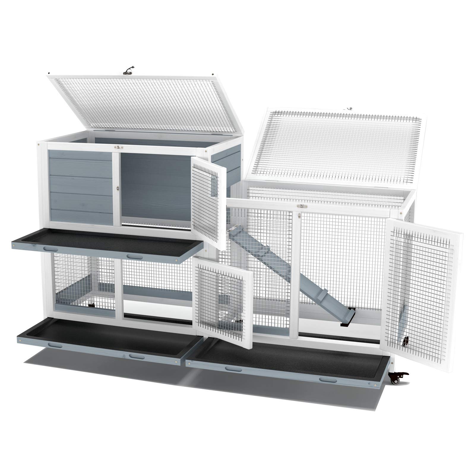 Gdlf Two Floors 58' Wooden Indoor Bunny Hutch Rabbit Cage On Wheels Guinea Pig Pet House For Small To Medium Animals Waterproof No Leak Tray