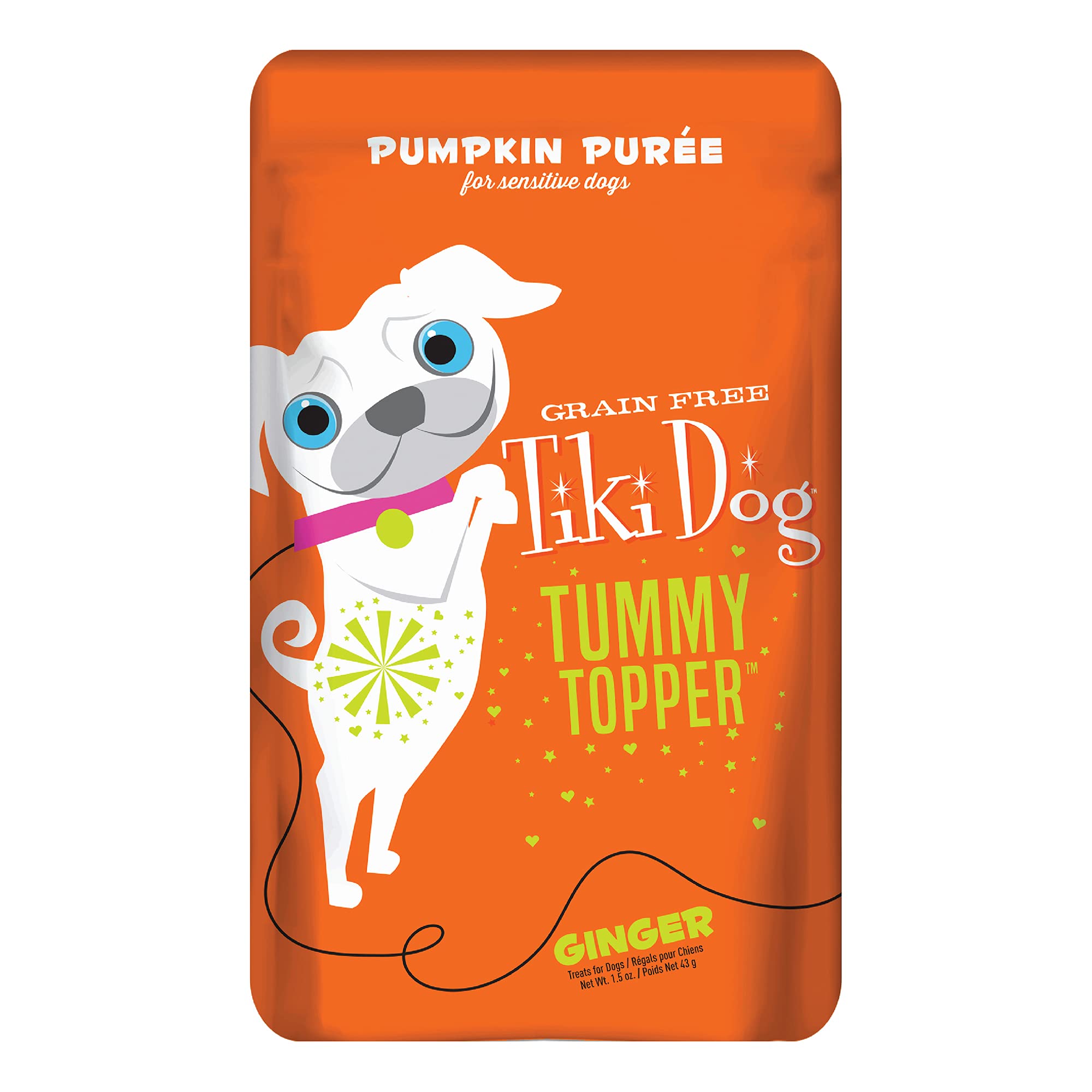 Tiki Dog Single-Serve Tummy Topper, Grain-Free Pumpkin Pur  e with Ginger for Sensitive Stomachs, 1.5oz Pouches (Pack of 12)