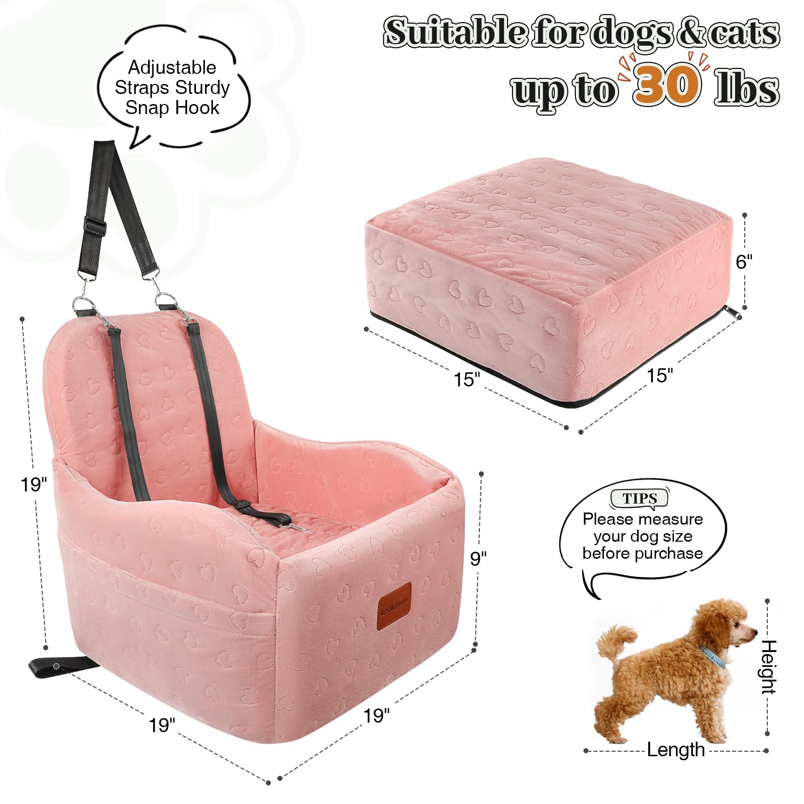 Lealchum Dog Booster Car Seat, Soft Fabric, Medium Size, Pink, Model LESFT01, Detachable & Washable, Fits Front/Back Seat