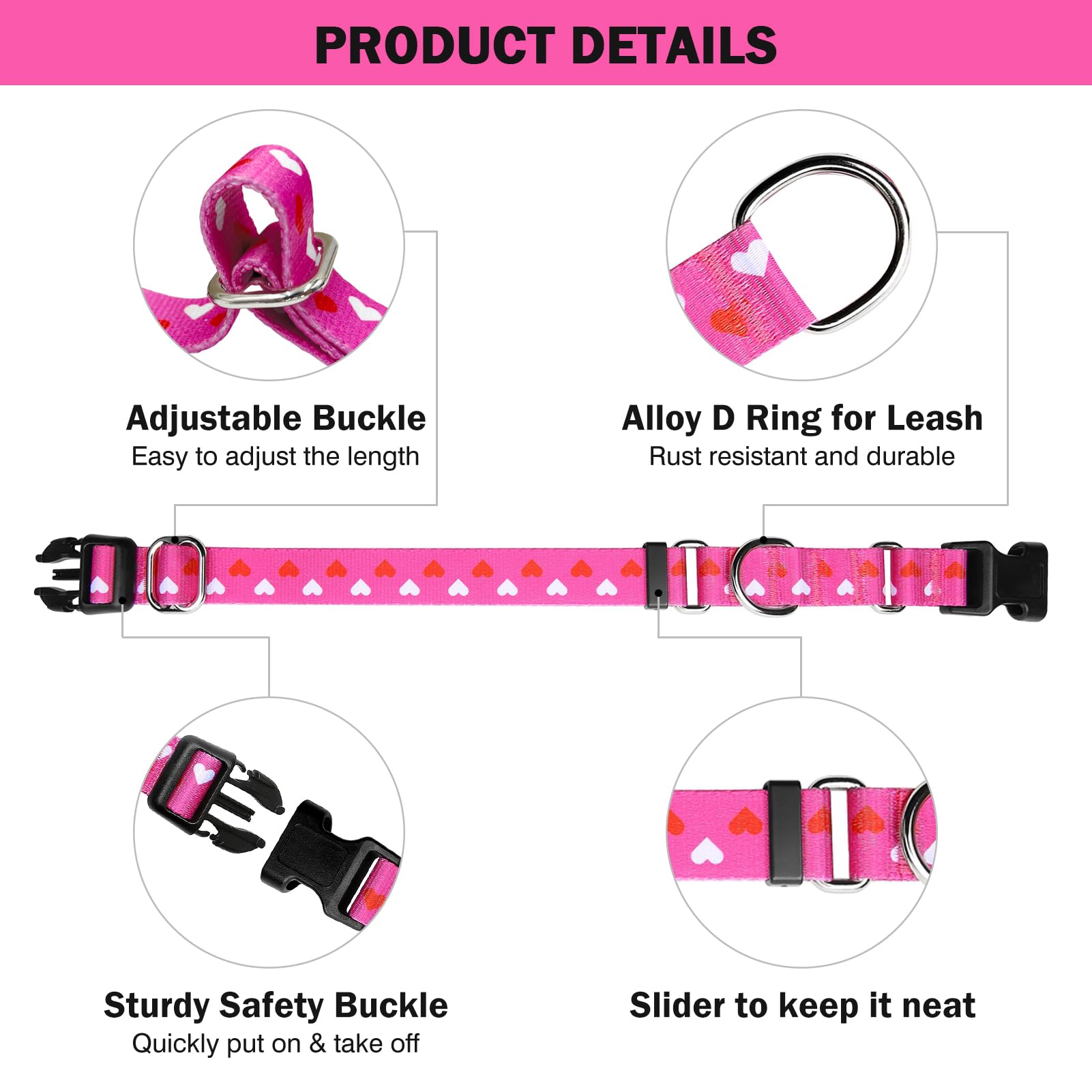 Hikiko Valentine'S Day Dog Collar For Small Medium Large Dogs Adjustable Heart Martingale Collars With Quick Release Buckle (Pin