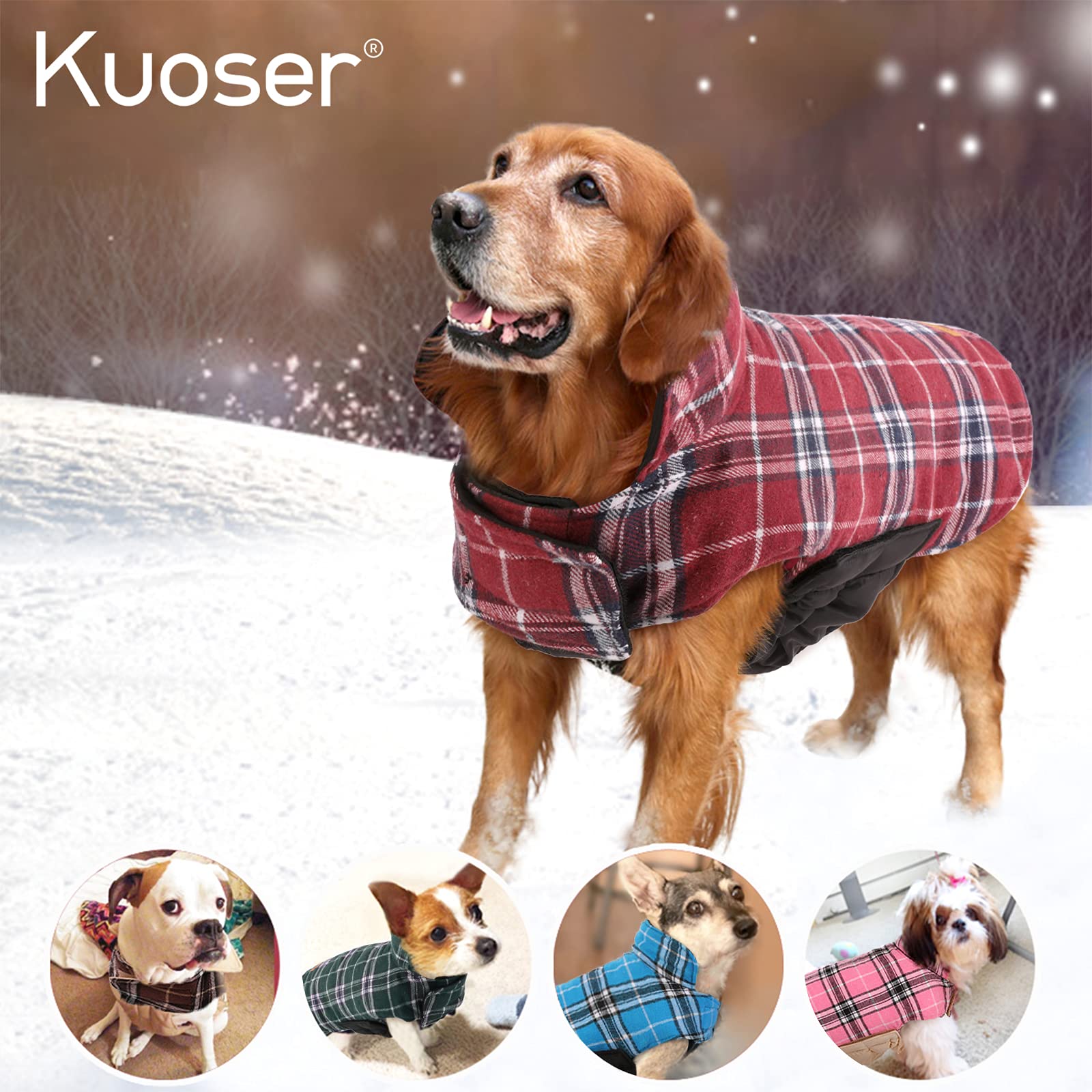 Kuoser Warm Dog Coat, Reversible Dog Jacket Waterproof Dog Winter Coat British Style Plaid Dog Clothes Pet Dog Cold Weather Coats Cozy Snow Jacket Vest For Small Medium Large Dogs Red S