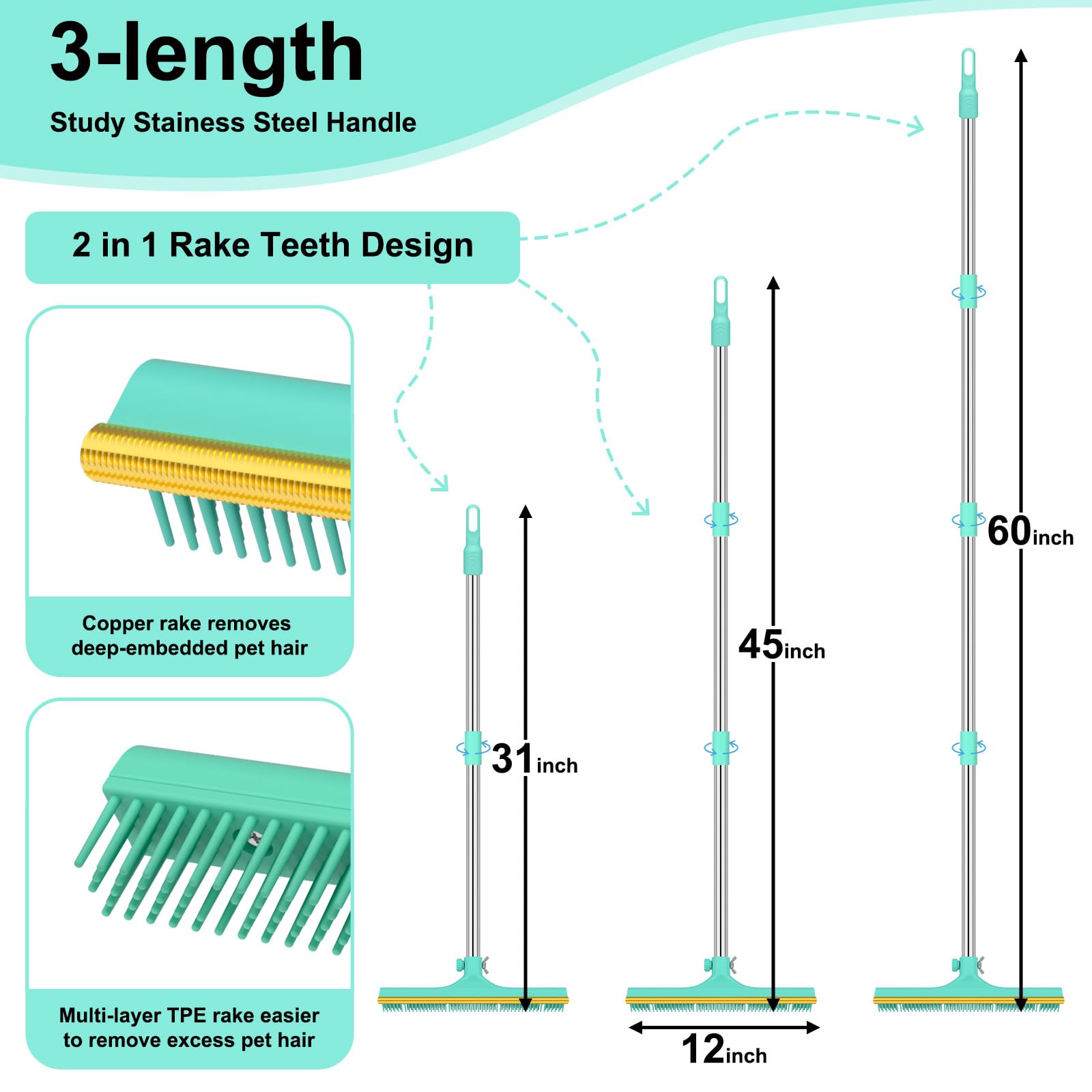 Carpet Rake for Pet Hair Removal - 60 Adjustable Long Handle Carpet Rake, 3 in 1 Reusable Pet Hair Removal Tool Kit, Cat Dog Fur